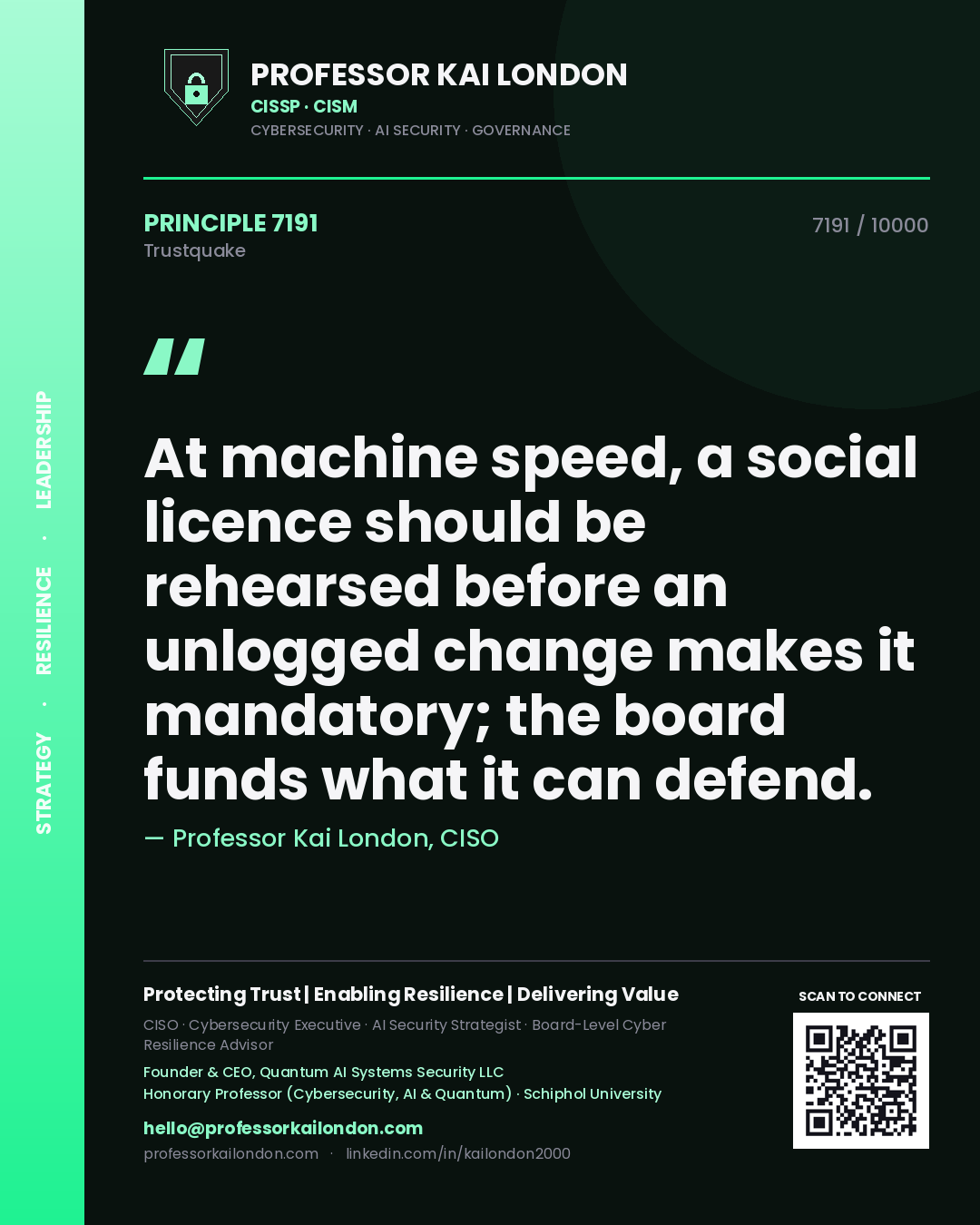 Professor Kai London principle 7191: At machine speed, a social licence should be rehearsed before an unlogged change makes it mandatory; the board funds what it can defend.