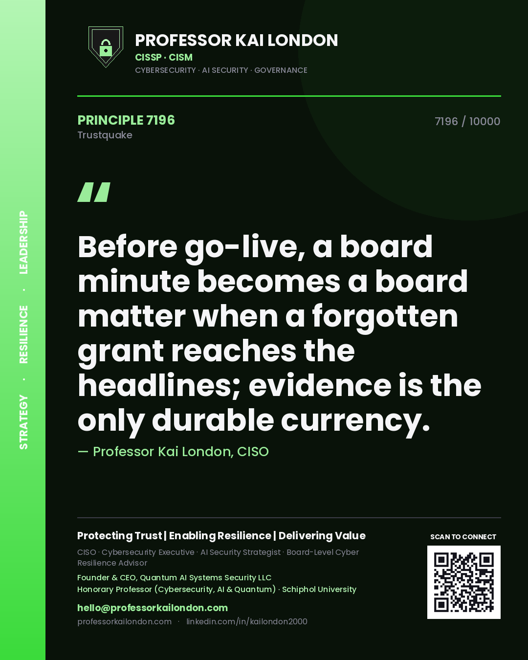 Quote card by Professor Kai London reading 'Before go-live, a board minute becomes a board matter when a forgotten grant reaches the headlines; evidence is the only durable currency.'. From the book Trustquake.