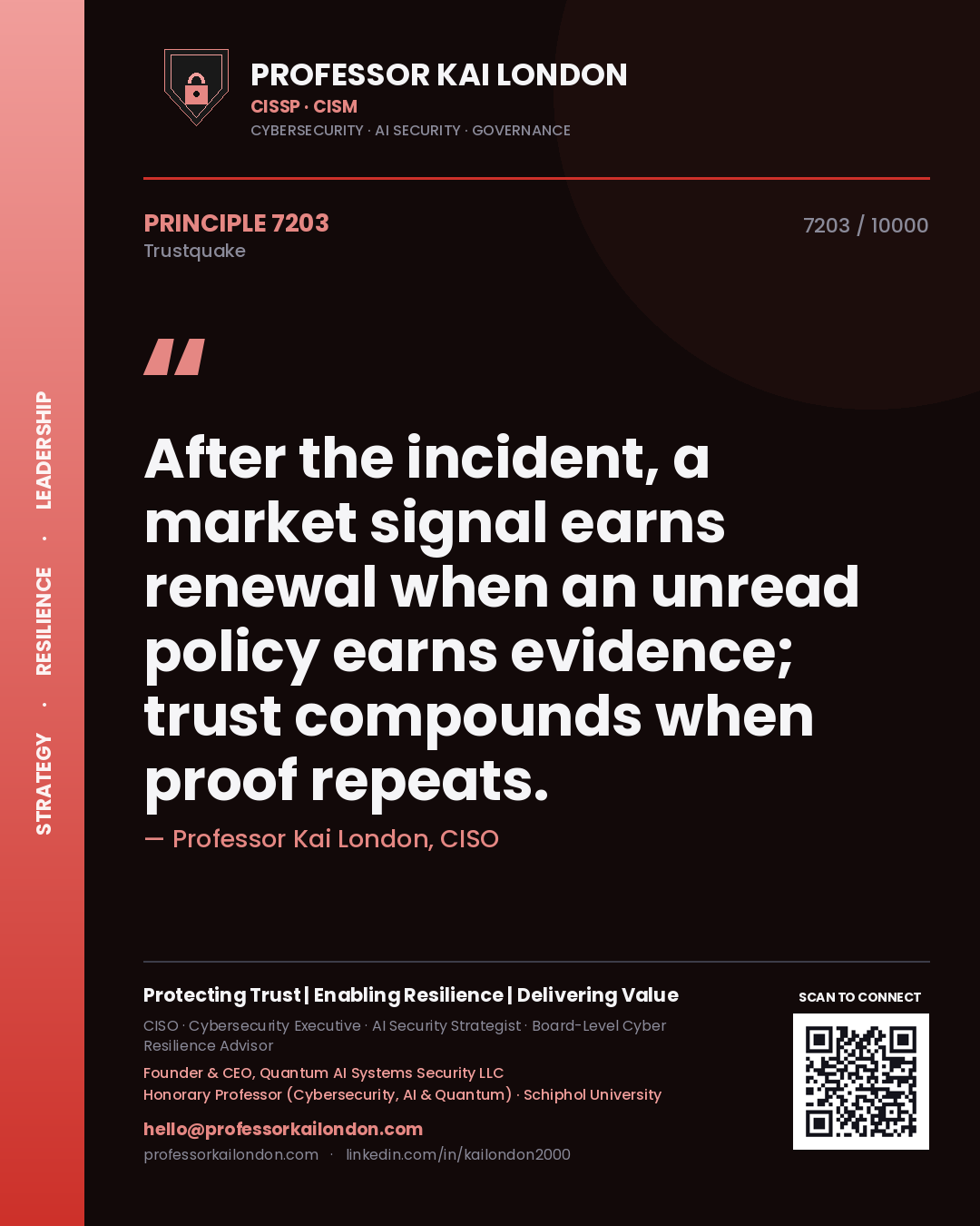 Quote card by Professor Kai London reading 'After the incident, a market signal earns renewal when an unread policy earns evidence; trust compounds when proof repeats.'. From the book Trustquake.