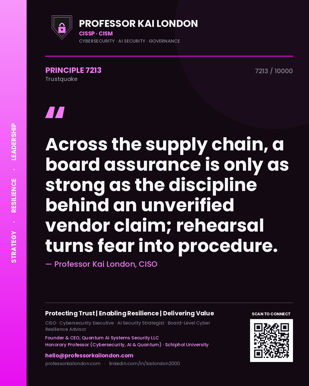 Quote card by Professor Kai London reading 'Across the supply chain, a board assurance is only as strong as the discipline behind an unverified vendor claim; rehearsal turns fear into procedure.'. From the book Trustquake.