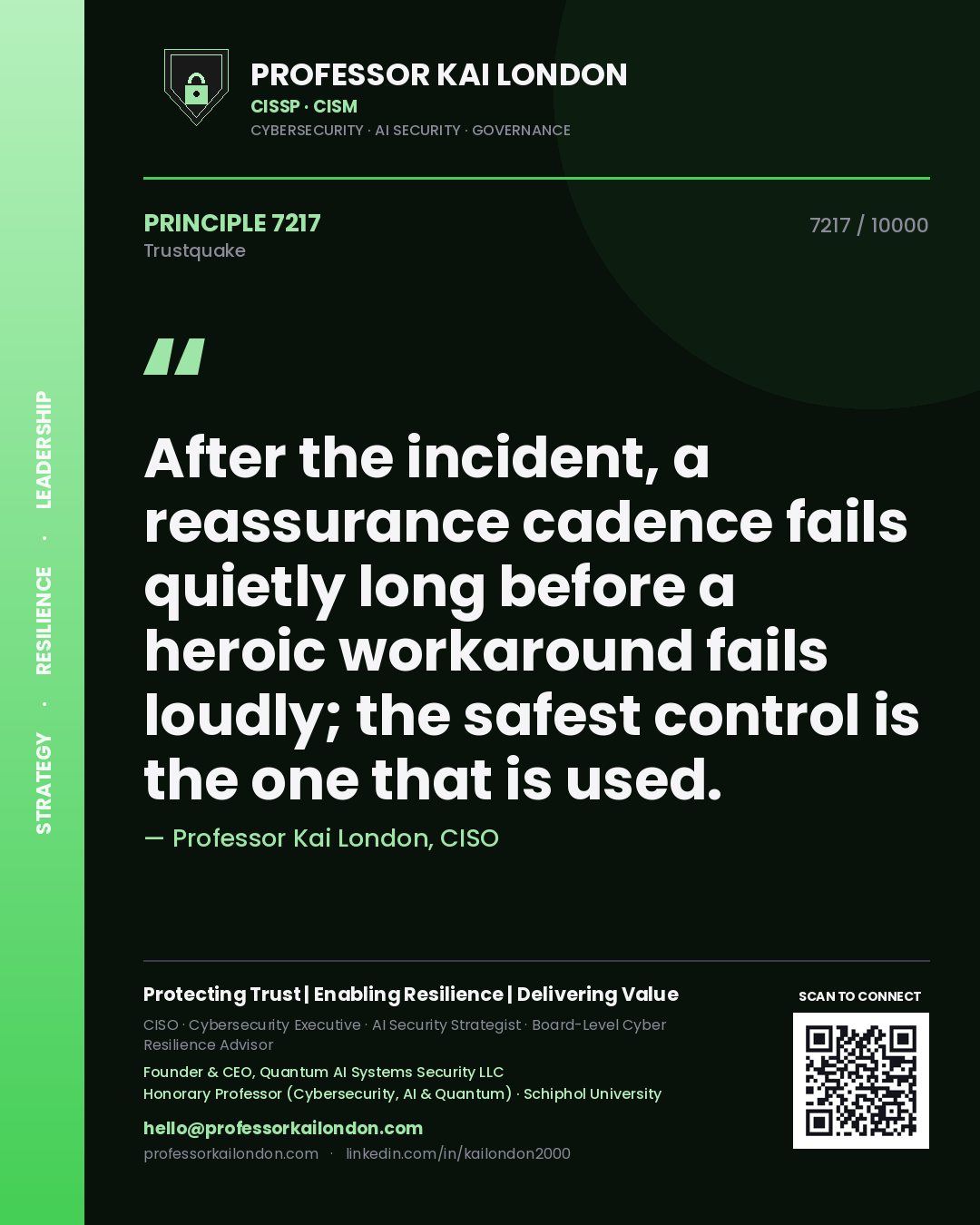 Quote card by Professor Kai London reading 'After the incident, a reassurance cadence fails quietly long before a heroic workaround fails loudly; the safest control is the one that is used.'. From the book Trustquake.