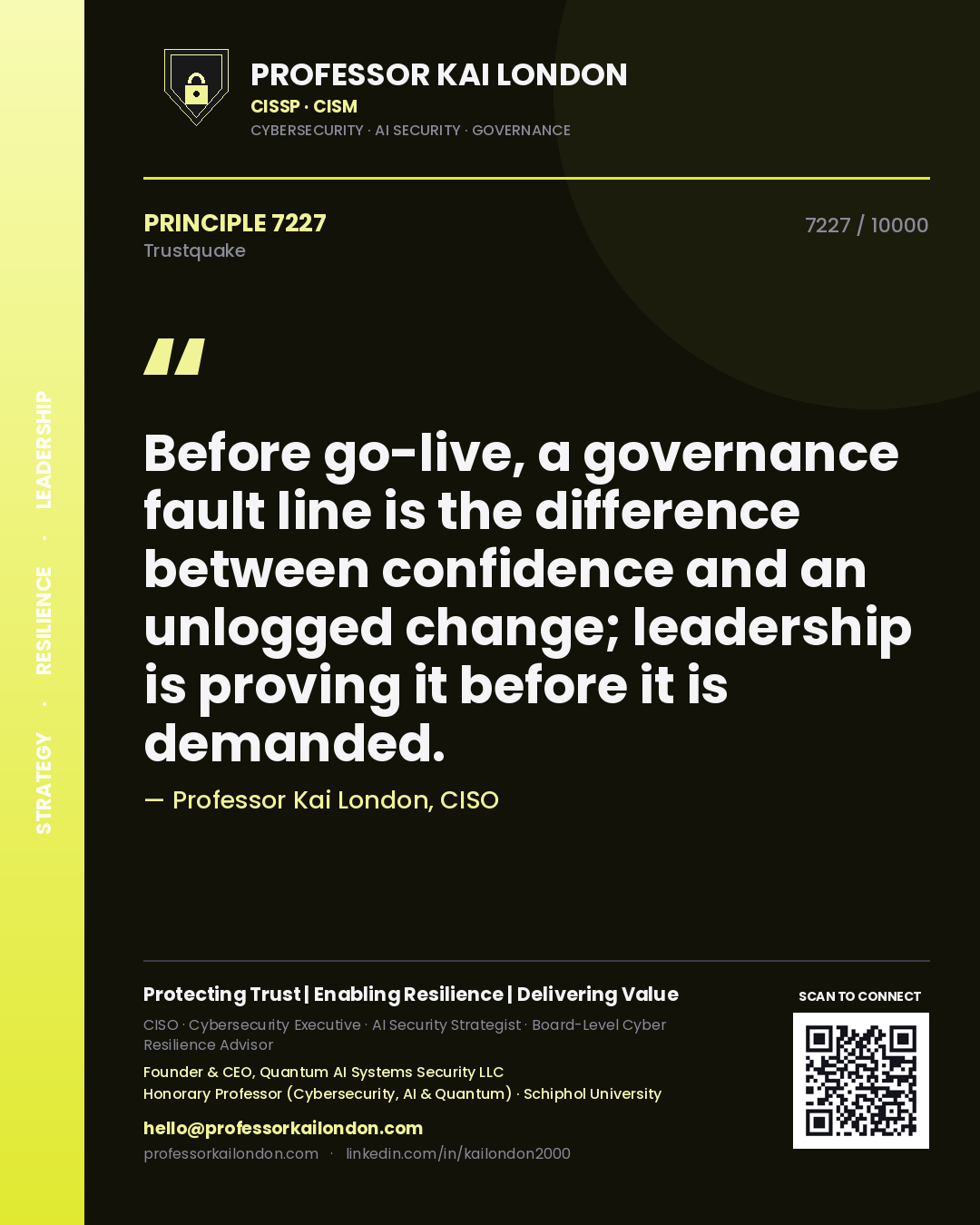 Quote card by Professor Kai London reading 'Before go-live, a governance fault line is the difference between confidence and an unlogged change; leadership is proving it before it is demanded.'. From the book Trustquake.