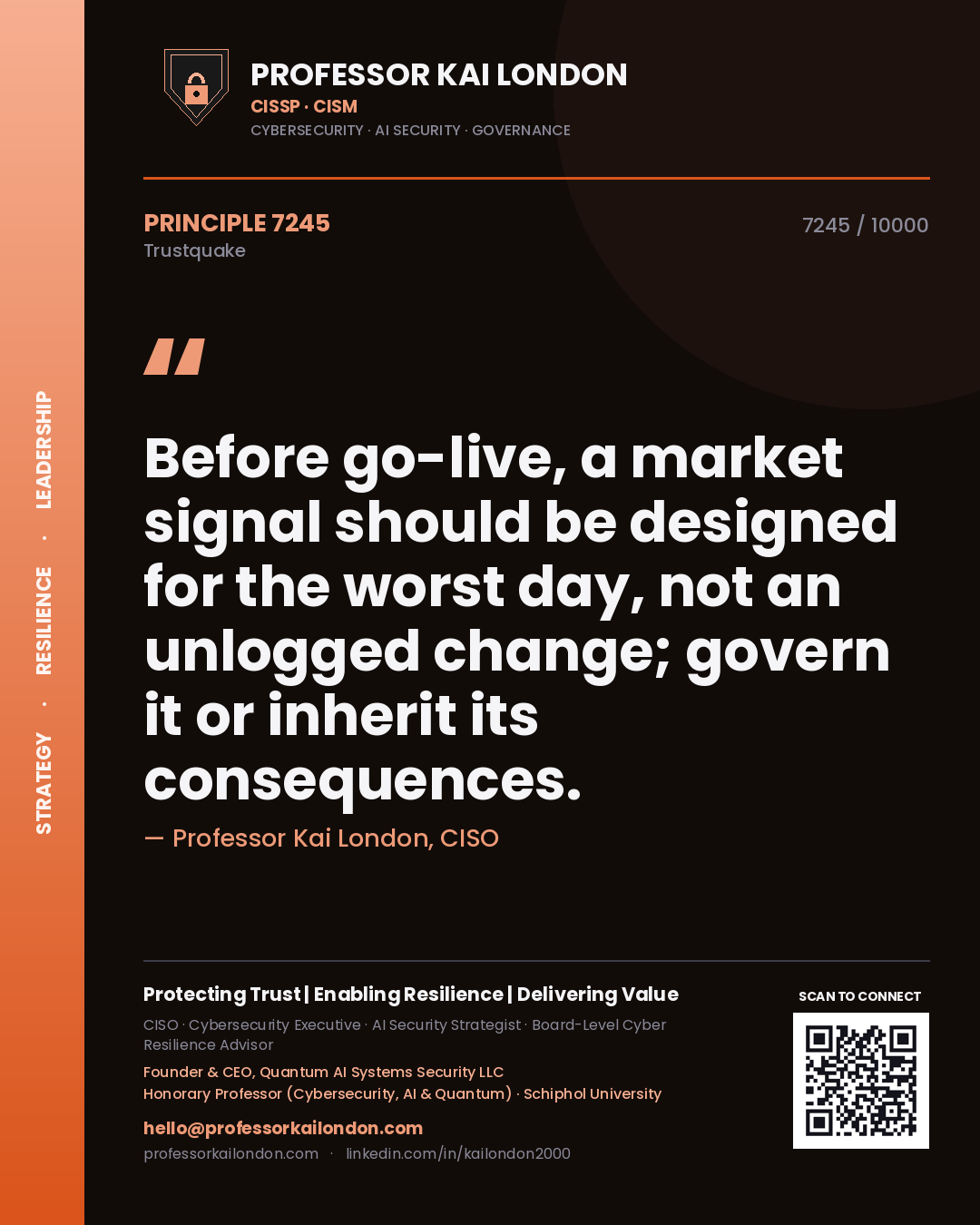 Quote card by Professor Kai London reading 'Before go-live, a market signal should be designed for the worst day, not an unlogged change; govern it or inherit its consequences.'. From the book Trustquake.