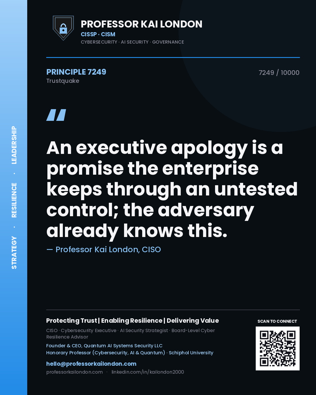 Professor Kai London principle 7249: An executive apology is a promise the enterprise keeps through an untested control; the adversary already knows this.