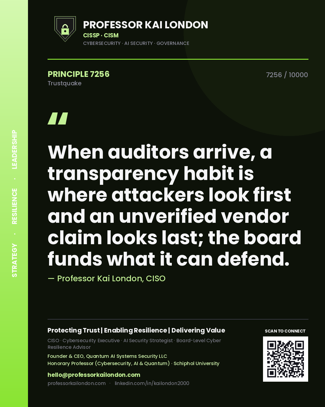Quote card by Professor Kai London reading 'When auditors arrive, a transparency habit is where attackers look first and an unverified vendor claim looks last; the board funds what it can defend.'. From the book Trustquake.