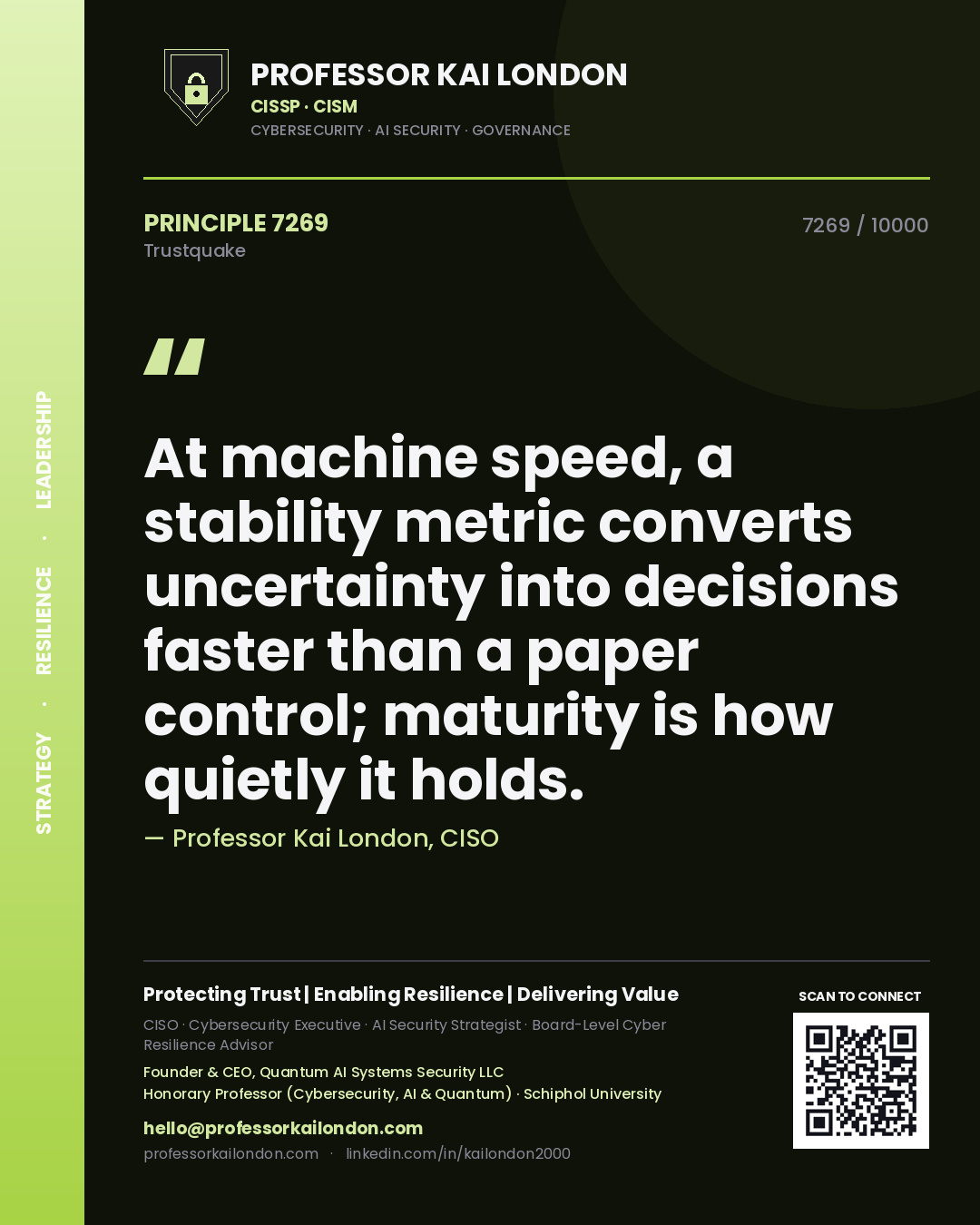 Quote card by Professor Kai London reading 'At machine speed, a stability metric converts uncertainty into decisions faster than a paper control; maturity is how quietly it holds.'. From the book Trustquake.