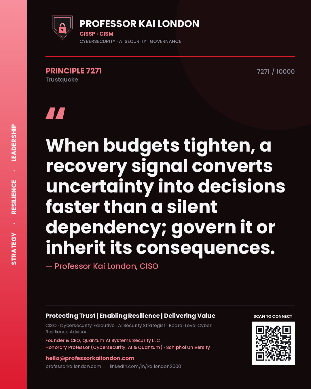 Quote card by Professor Kai London reading 'When budgets tighten, a recovery signal converts uncertainty into decisions faster than a silent dependency; govern it or inherit its consequences.'. From the book Trustquake.