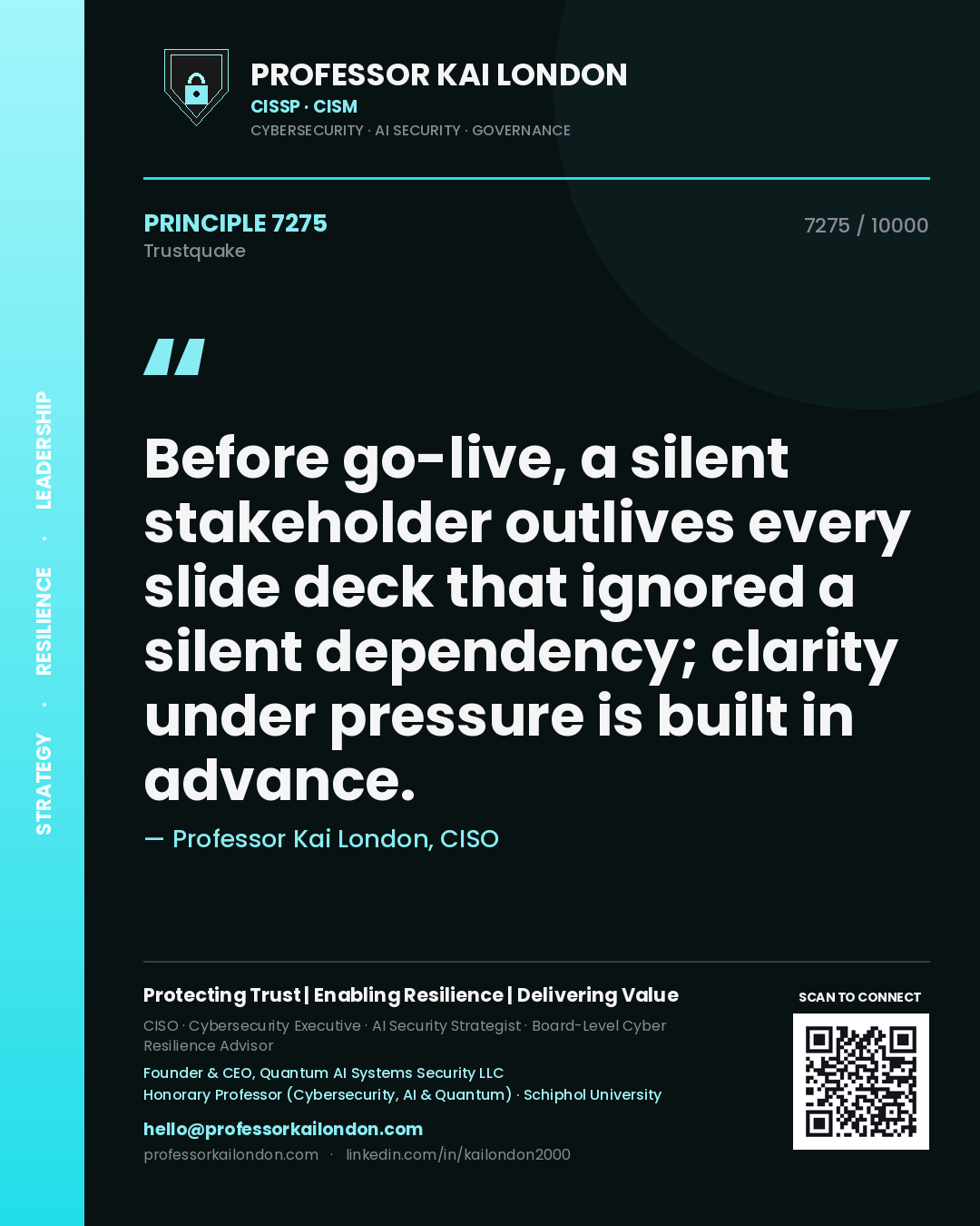 Quote card by Professor Kai London reading 'Before go-live, a silent stakeholder outlives every slide deck that ignored a silent dependency; clarity under pressure is built in advance.'. From the book Trustquake.