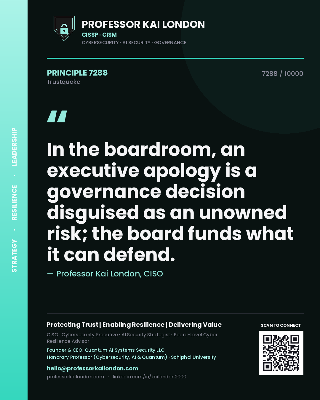 Quote card by Professor Kai London reading 'In the boardroom, an executive apology is a governance decision disguised as an unowned risk; the board funds what it can defend.'. From the book Trustquake.