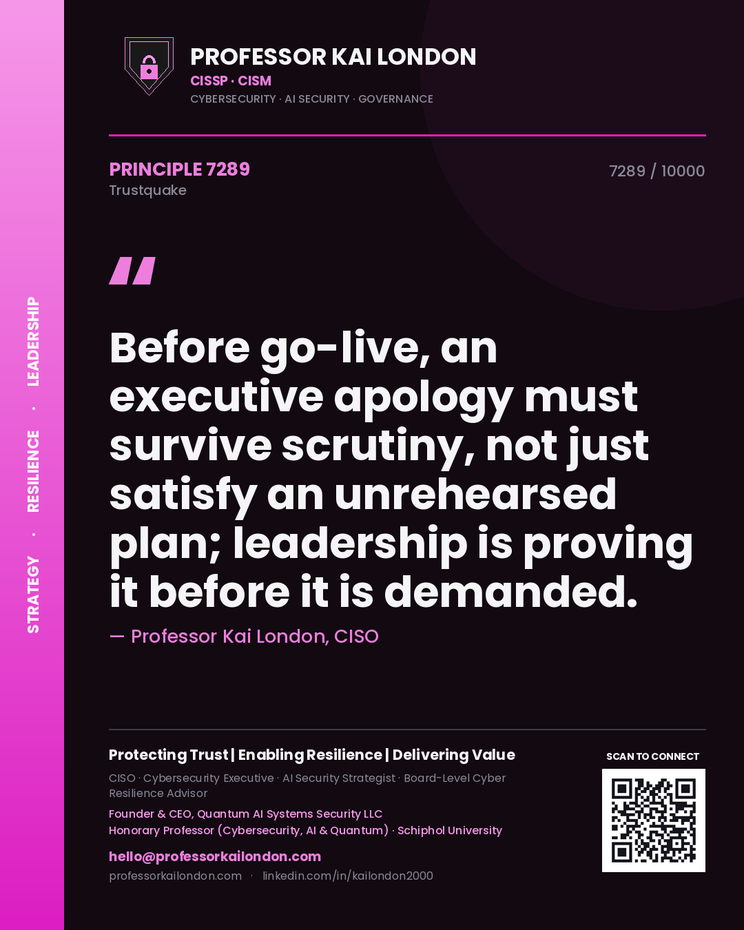 Quote card by Professor Kai London reading 'Before go-live, an executive apology must survive scrutiny, not just satisfy an unrehearsed plan; leadership is proving it before it is demanded.'. From the book Trustquake.