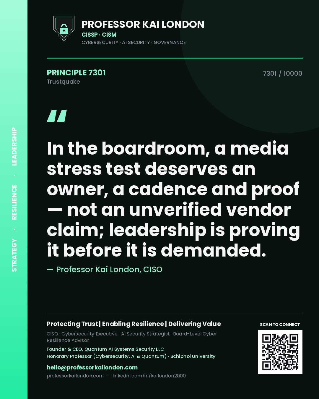 Professor Kai London principle 7301: In the boardroom, a media stress test deserves an owner, a cadence and proof — not an unverified vendor claim; leadership is proving it before it is demanded.