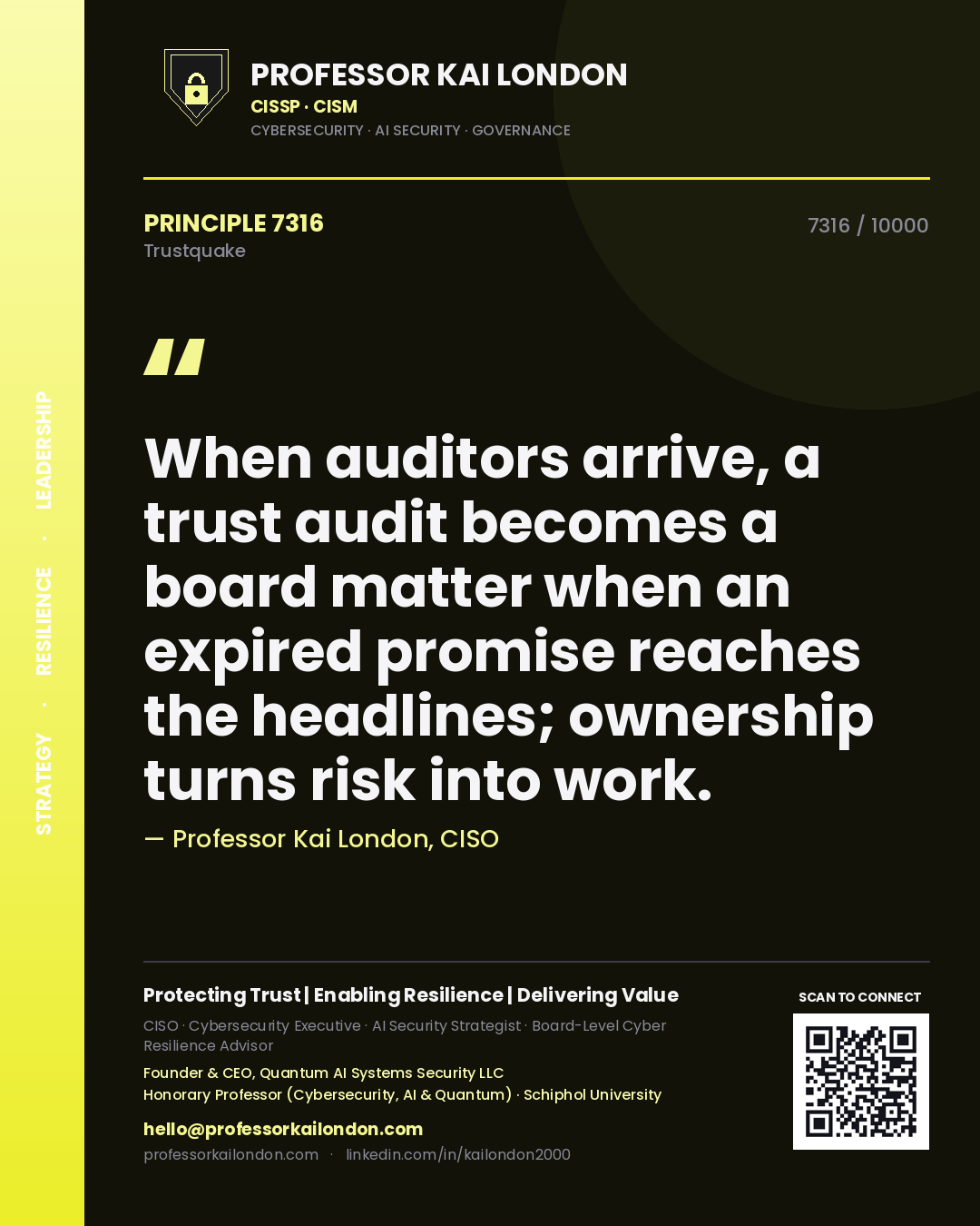 Professor Kai London principle 7316: When auditors arrive, a trust audit becomes a board matter when an expired promise reaches the headlines; ownership turns risk into work.