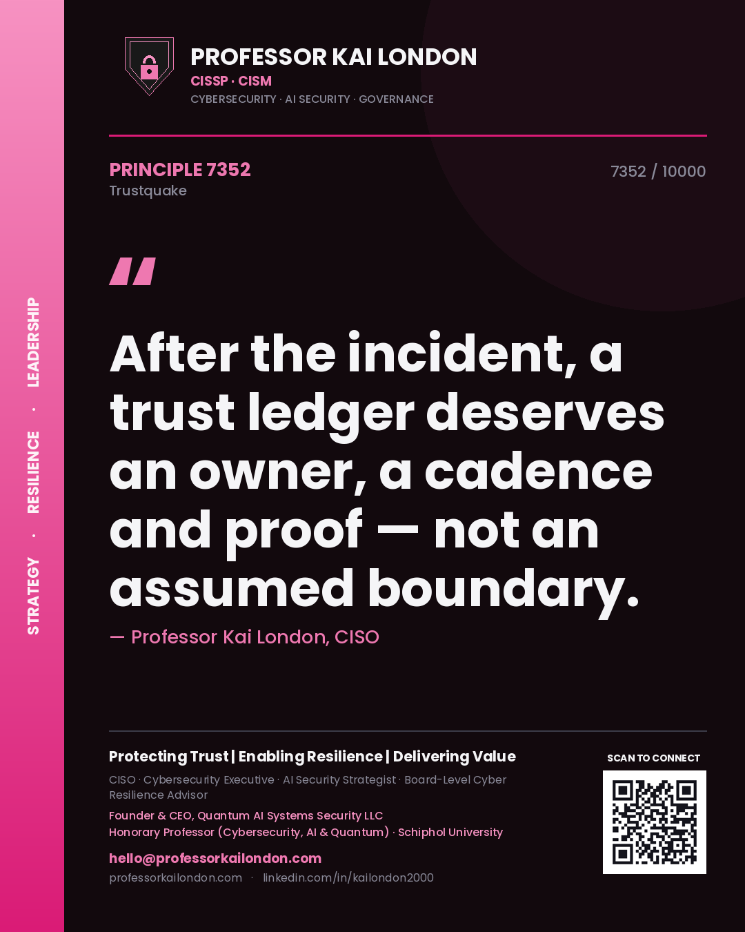 Professor Kai London principle 7352: After the incident, a trust ledger deserves an owner, a cadence and proof — not an assumed boundary.