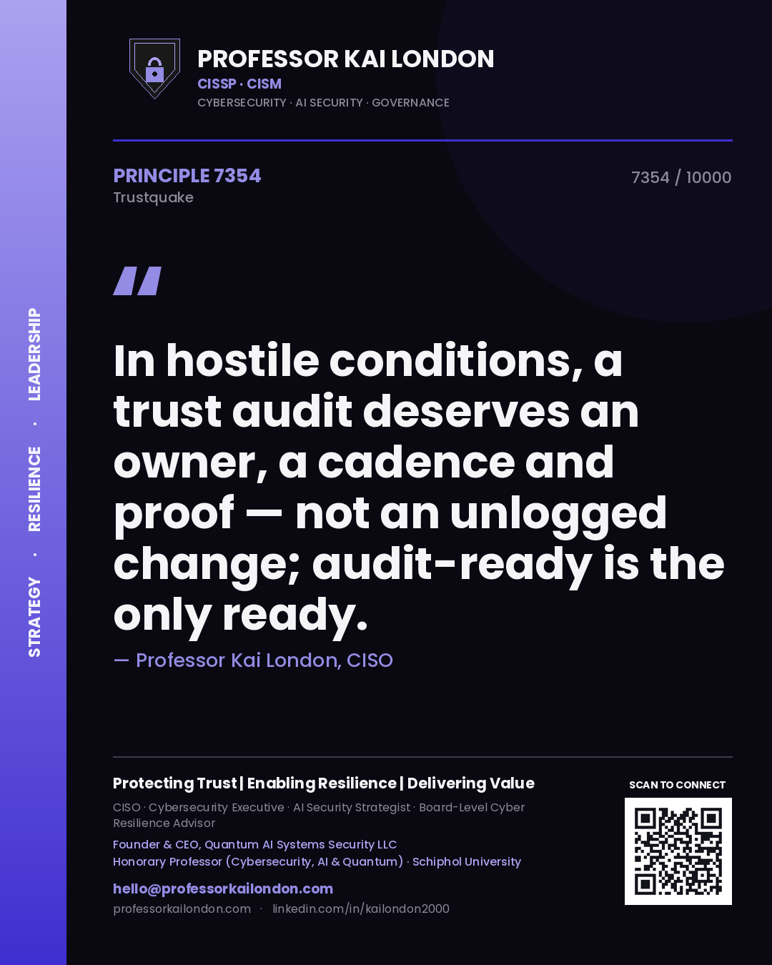 Quote card by Professor Kai London reading 'In hostile conditions, a trust audit deserves an owner, a cadence and proof — not an unlogged change; audit-ready is the only ready.'. From the book Trustquake.