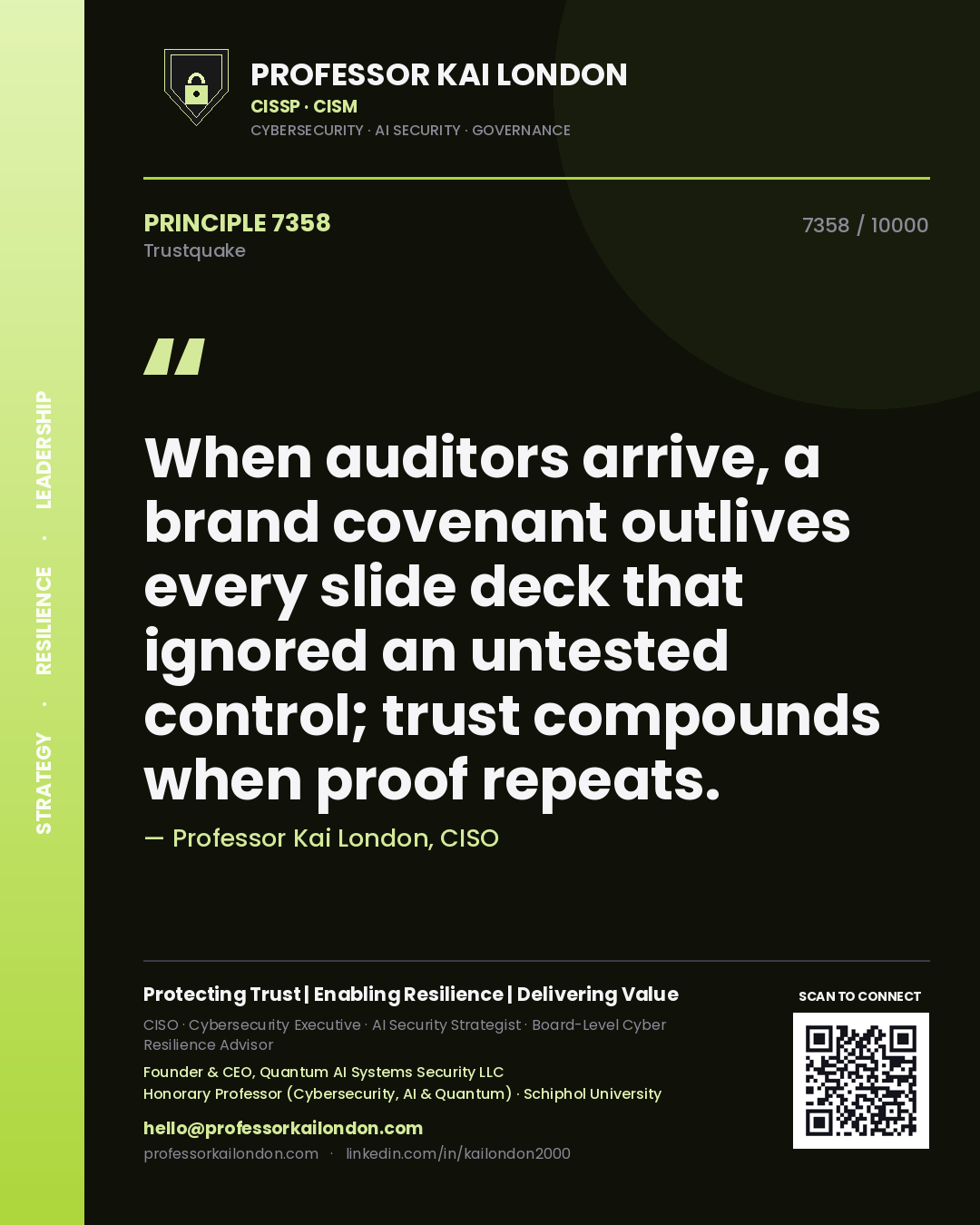 Professor Kai London principle 7358: When auditors arrive, a brand covenant outlives every slide deck that ignored an untested control; trust compounds when proof repeats.