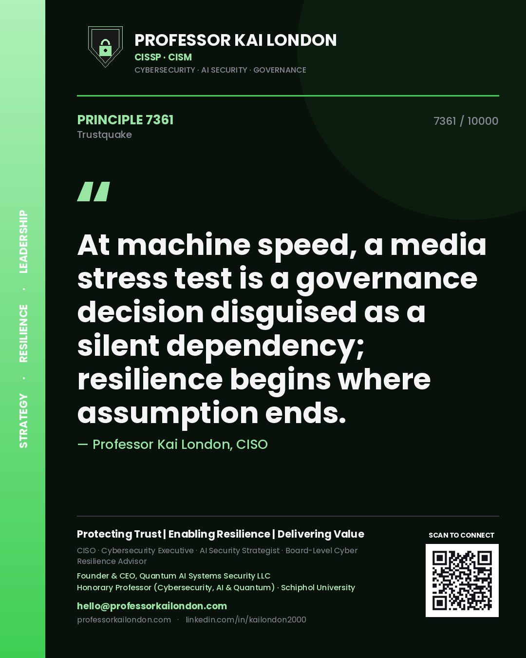 Professor Kai London principle 7361: At machine speed, a media stress test is a governance decision disguised as a silent dependency; resilience begins where assumption ends.