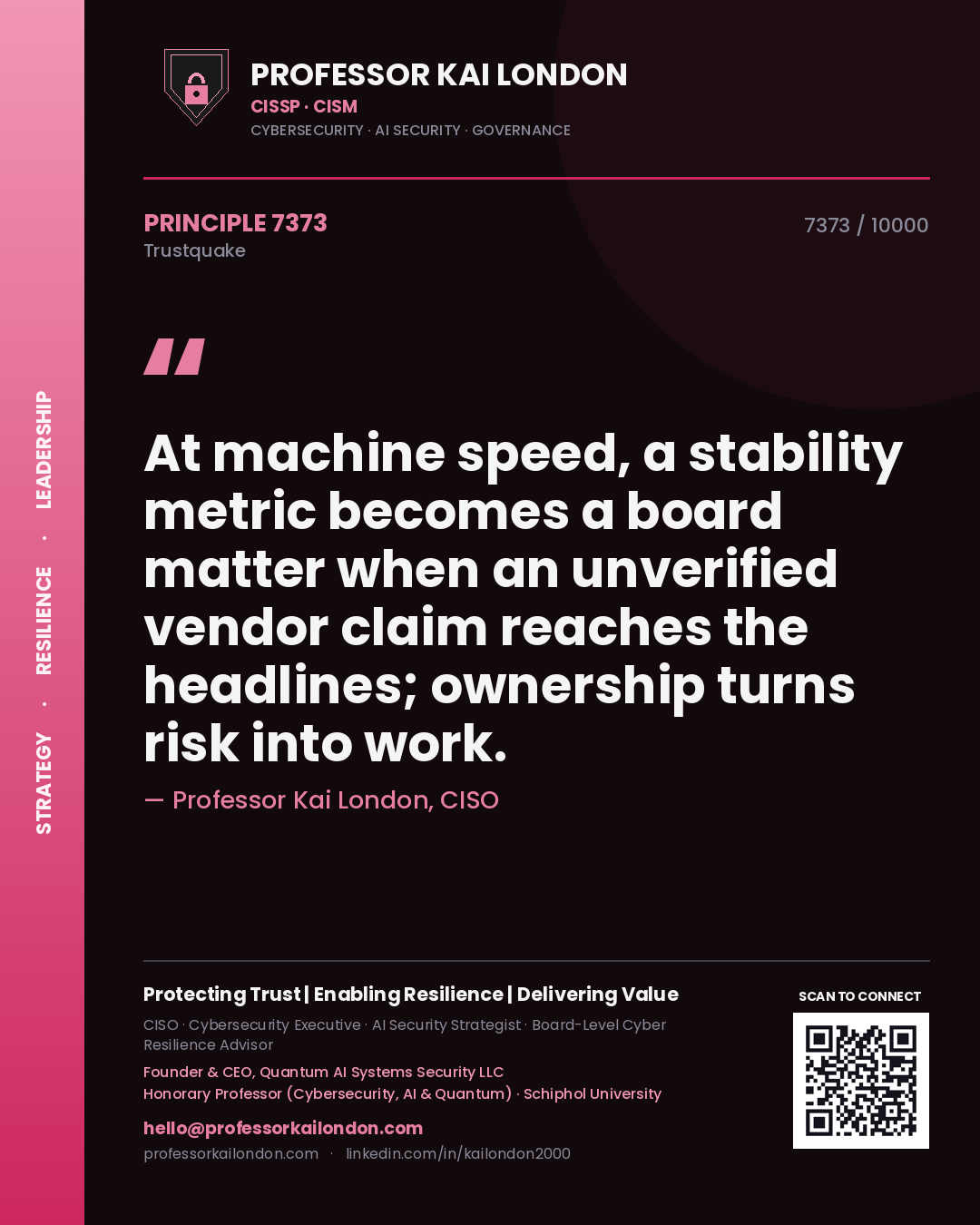 Quote card by Professor Kai London reading 'At machine speed, a stability metric becomes a board matter when an unverified vendor claim reaches the headlines; ownership turns risk into work.'. From the book Trustquake.