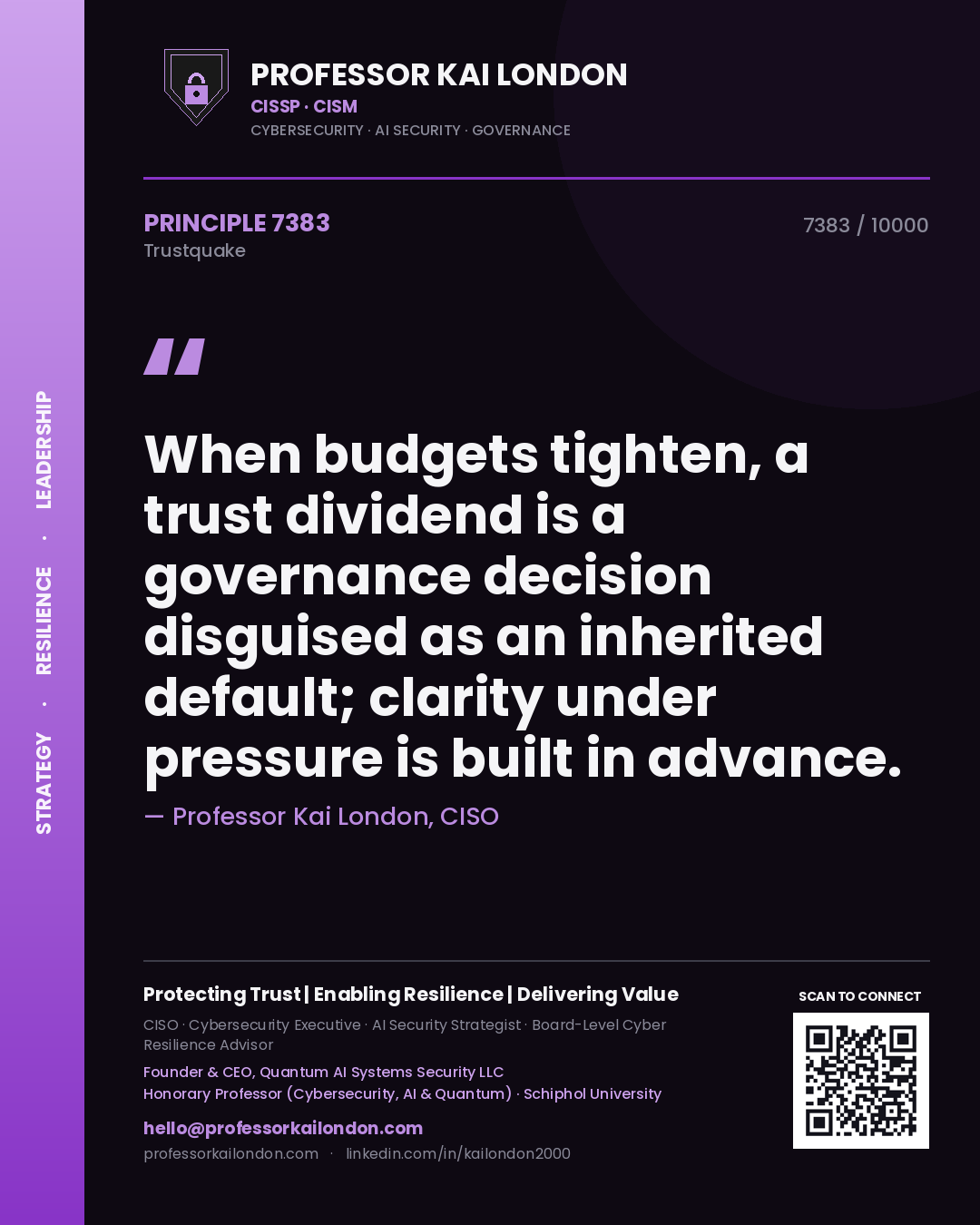 Professor Kai London principle 7383: When budgets tighten, a trust dividend is a governance decision disguised as an inherited default; clarity under pressure is built in advance.
