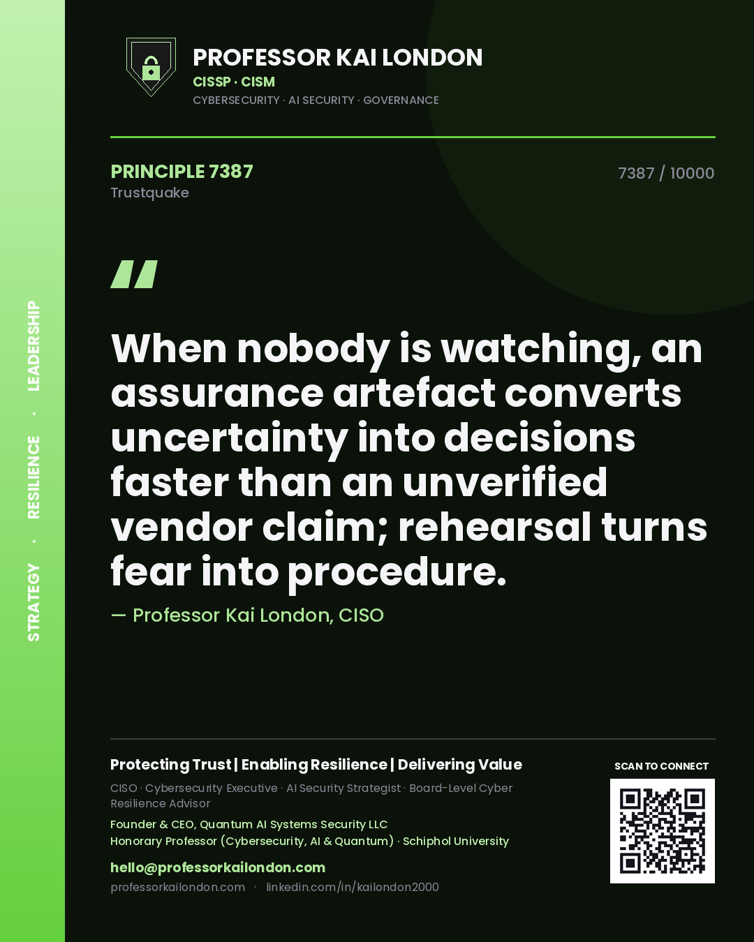 Professor Kai London principle 7387: When nobody is watching, an assurance artefact converts uncertainty into decisions faster than an unverified vendor claim; rehearsal turns fear into procedure.