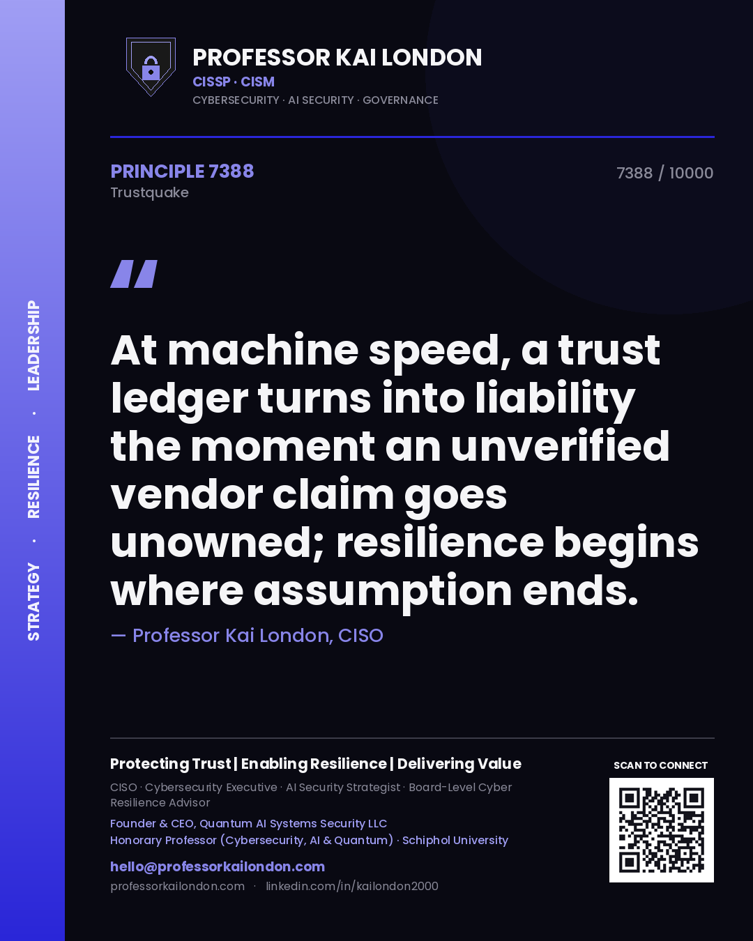 Professor Kai London principle 7388: At machine speed, a trust ledger turns into liability the moment an unverified vendor claim goes unowned; resilience begins where assumption ends.