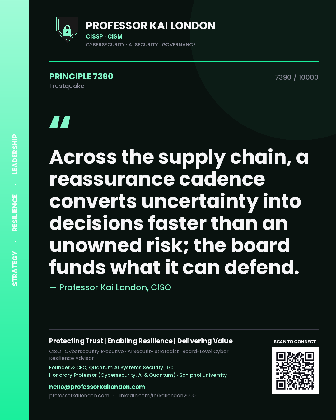 Professor Kai London principle 7390: Across the supply chain, a reassurance cadence converts uncertainty into decisions faster than an unowned risk; the board funds what it can defend.