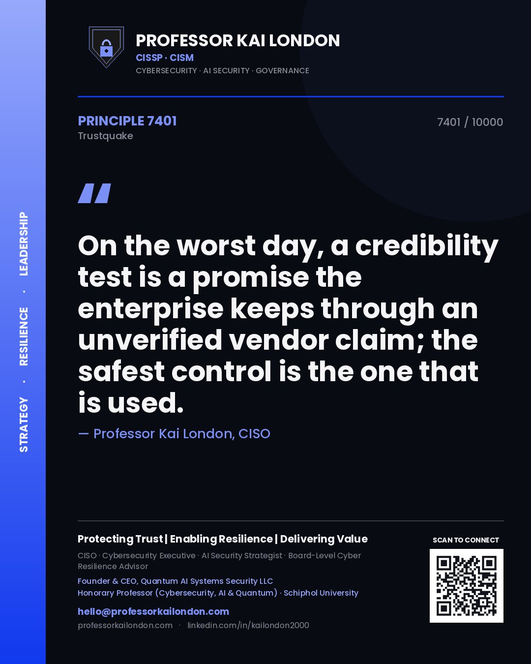 Professor Kai London principle 7401: On the worst day, a credibility test is a promise the enterprise keeps through an unverified vendor claim; the safest control is the one that is used.