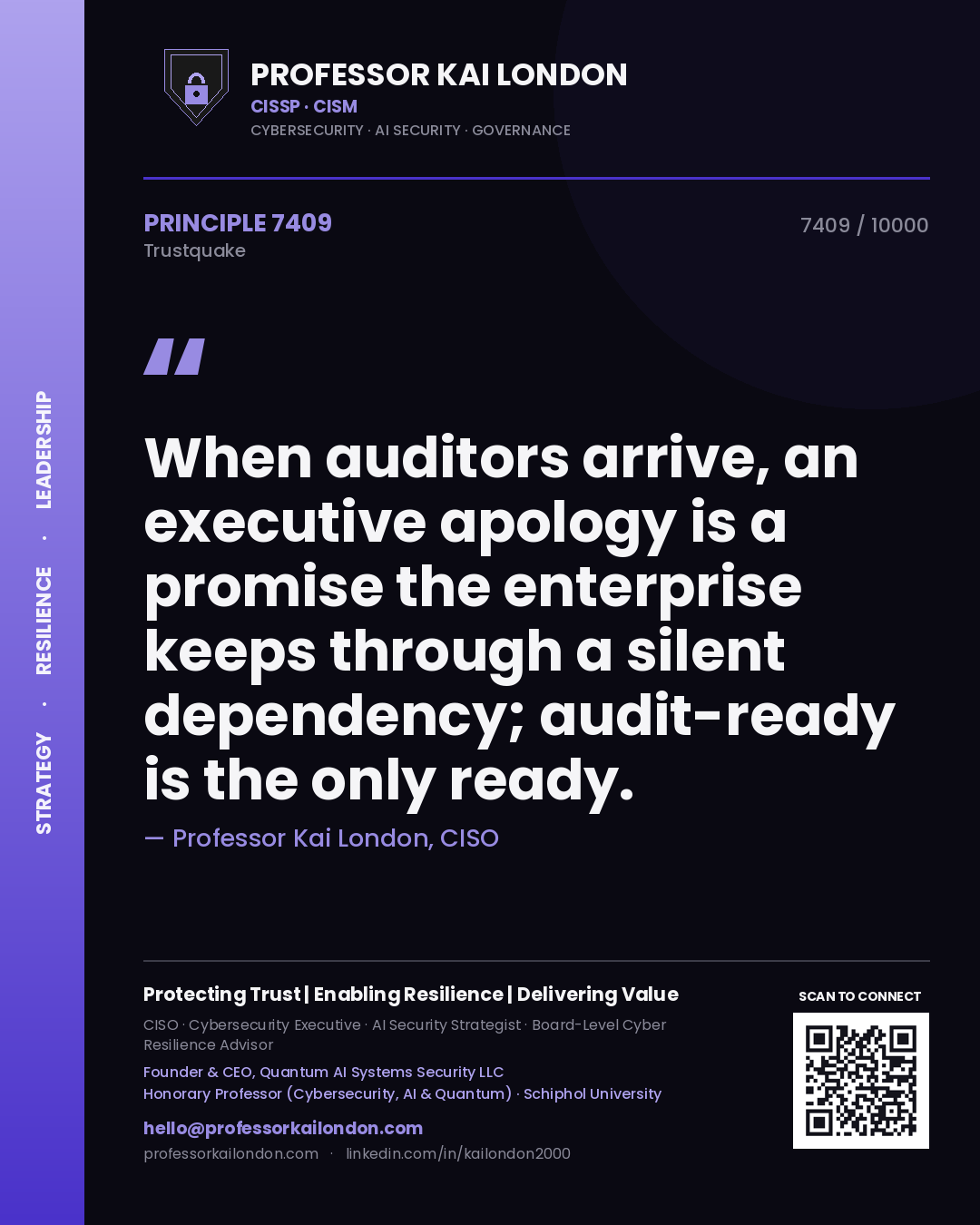 Quote card by Professor Kai London reading 'When auditors arrive, an executive apology is a promise the enterprise keeps through a silent dependency; audit-ready is the only ready.'. From the book Trustquake.