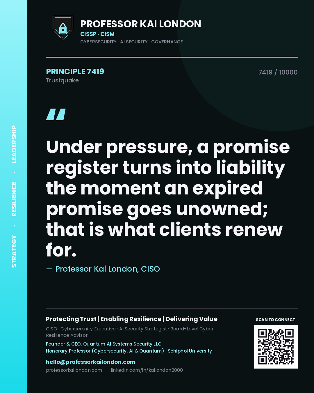 Quote card by Professor Kai London reading 'Under pressure, a promise register turns into liability the moment an expired promise goes unowned; that is what clients renew for.'. From the book Trustquake.