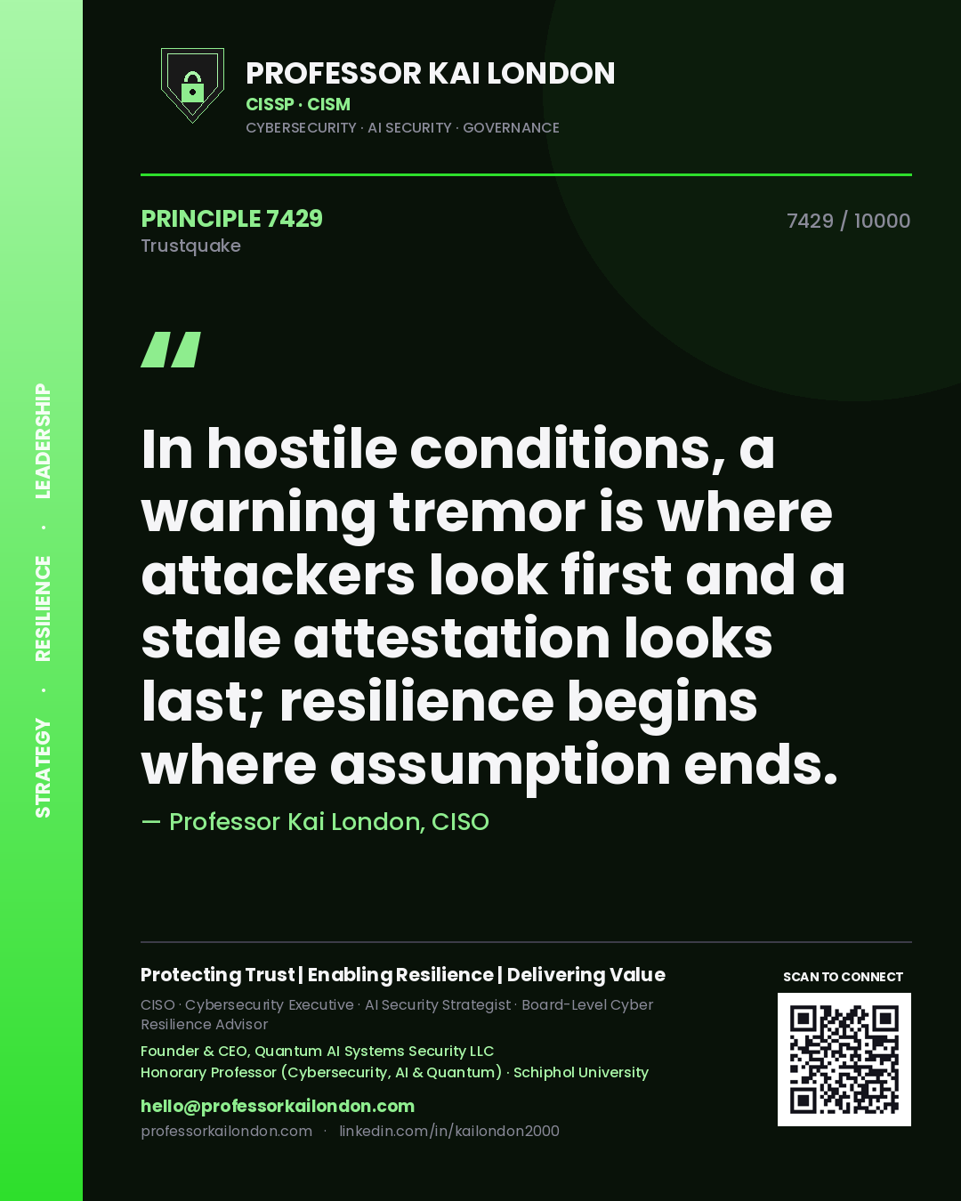 Quote card by Professor Kai London reading 'In hostile conditions, a warning tremor is where attackers look first and a stale attestation looks last; resilience begins where assumption ends.'. From the book Trustquake.