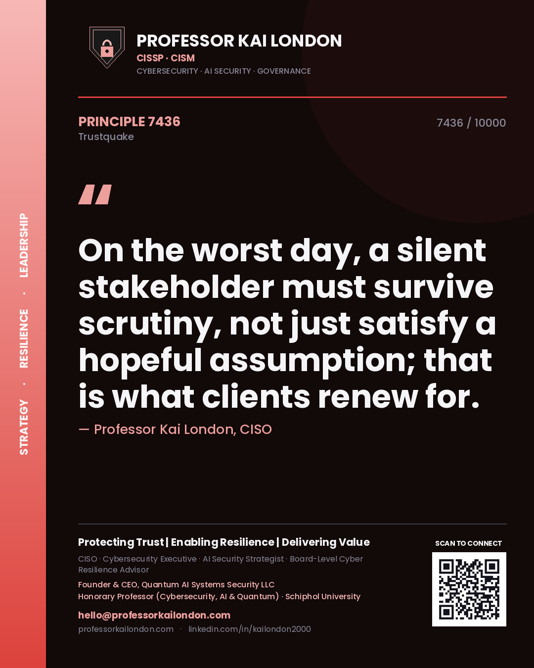 Quote card by Professor Kai London reading 'On the worst day, a silent stakeholder must survive scrutiny, not just satisfy a hopeful assumption; that is what clients renew for.'. From the book Trustquake.