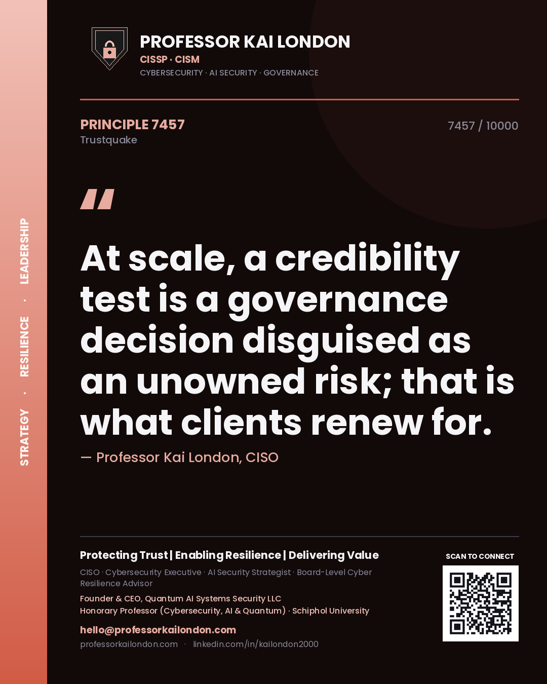 Quote card by Professor Kai London reading 'At scale, a credibility test is a governance decision disguised as an unowned risk; that is what clients renew for.'. From the book Trustquake.