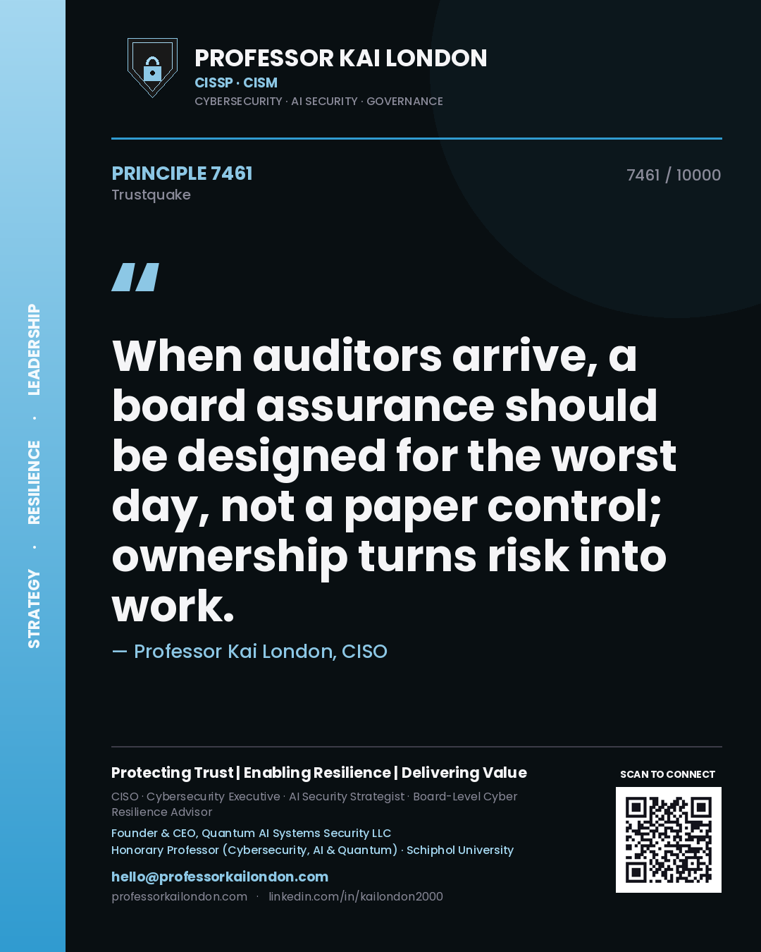 Quote card by Professor Kai London reading 'When auditors arrive, a board assurance should be designed for the worst day, not a paper control; ownership turns risk into work.'. From the book Trustquake.