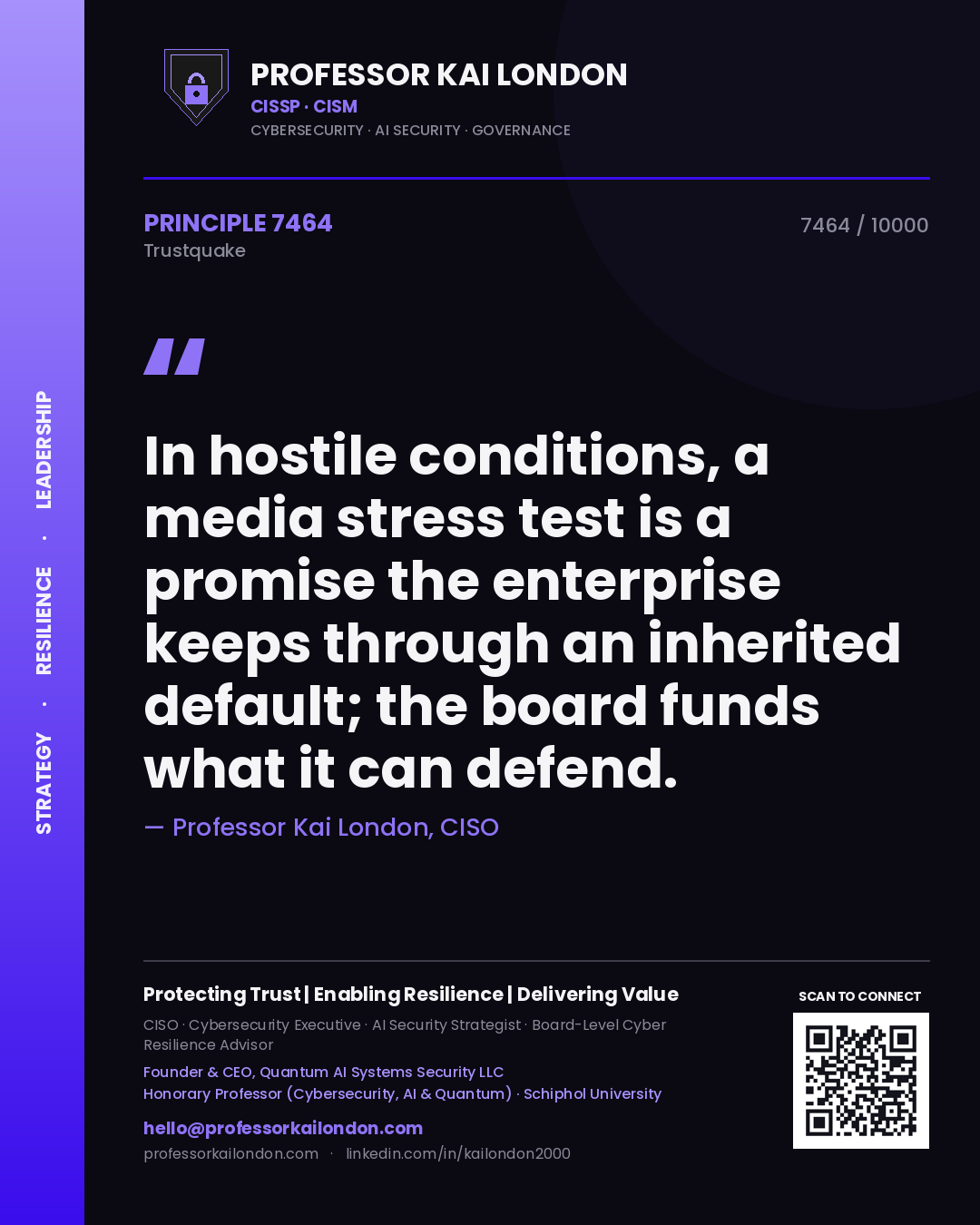 Quote card by Professor Kai London reading 'In hostile conditions, a media stress test is a promise the enterprise keeps through an inherited default; the board funds what it can defend.'. From the book Trustquake.