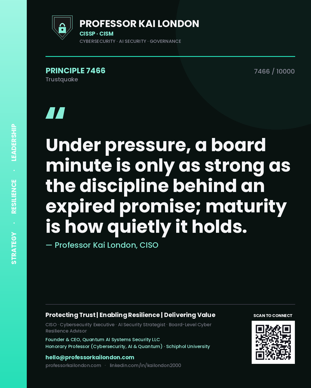 Quote card by Professor Kai London reading 'Under pressure, a board minute is only as strong as the discipline behind an expired promise; maturity is how quietly it holds.'. From the book Trustquake.