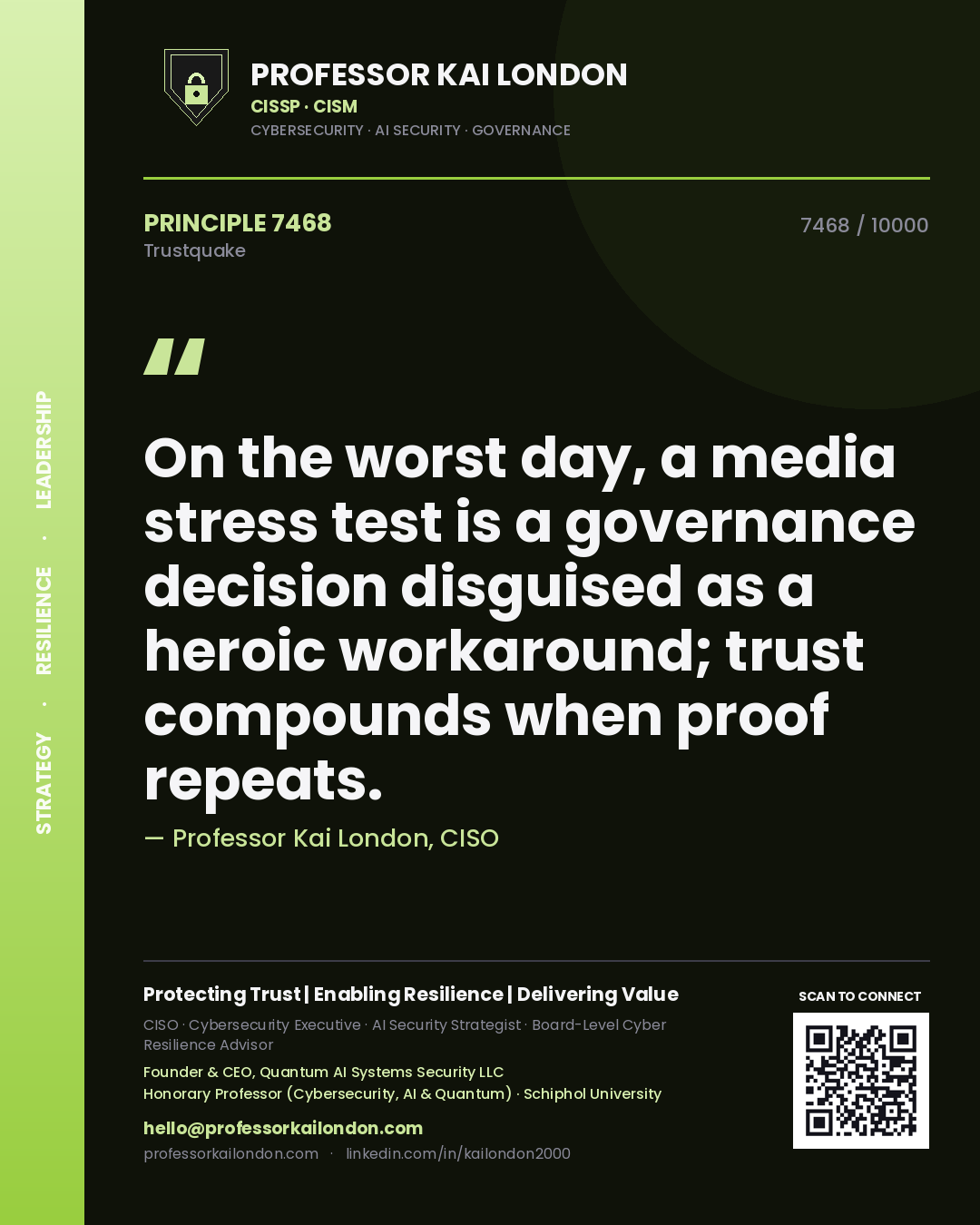 Quote card by Professor Kai London reading 'On the worst day, a media stress test is a governance decision disguised as a heroic workaround; trust compounds when proof repeats.'. From the book Trustquake.