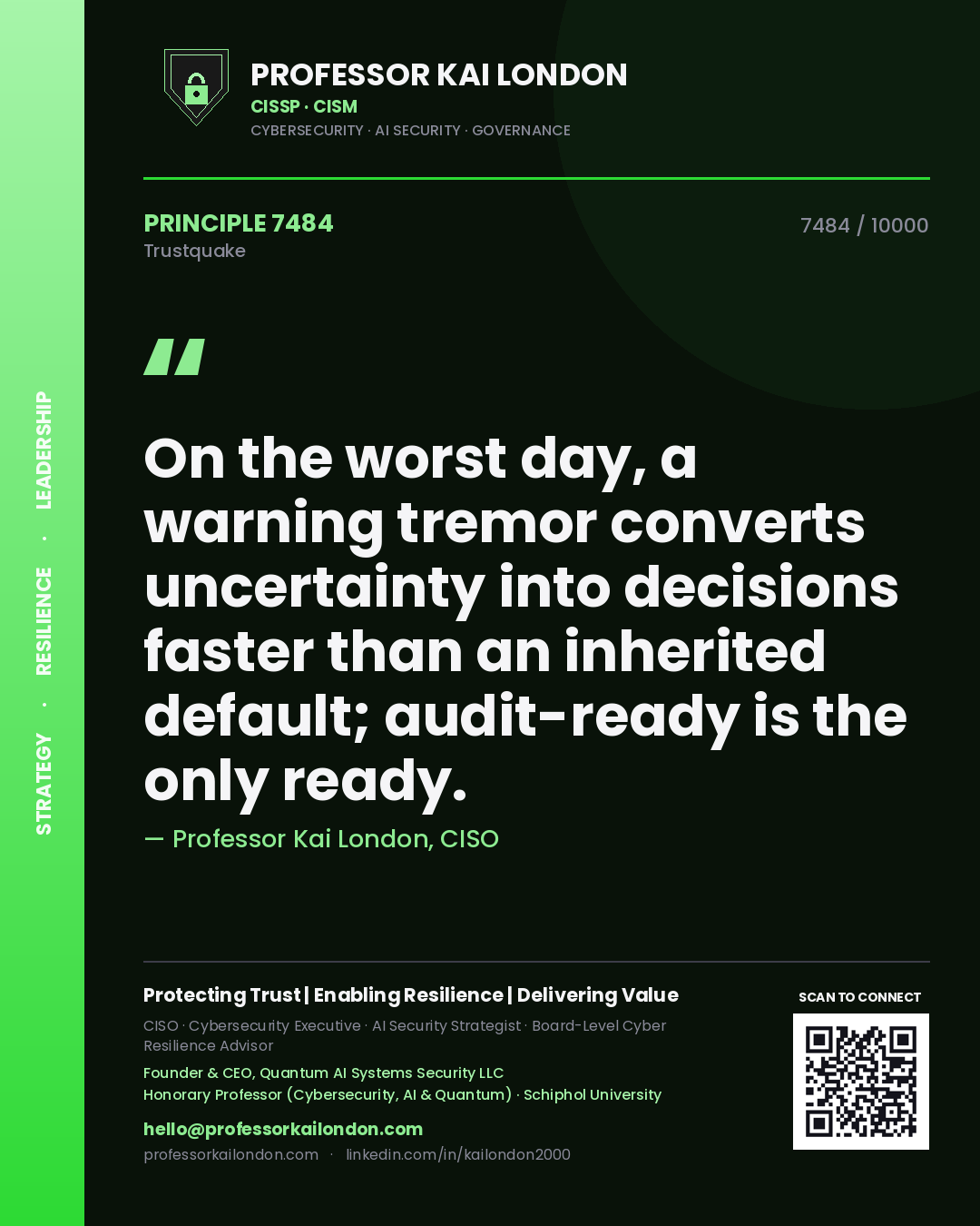 Quote card by Professor Kai London reading 'On the worst day, a warning tremor converts uncertainty into decisions faster than an inherited default; audit-ready is the only ready.'. From the book Trustquake.