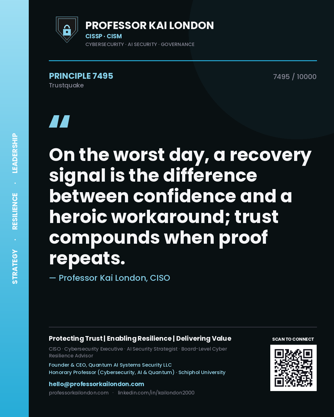 Quote card by Professor Kai London reading 'On the worst day, a recovery signal is the difference between confidence and a heroic workaround; trust compounds when proof repeats.'. From the book Trustquake.