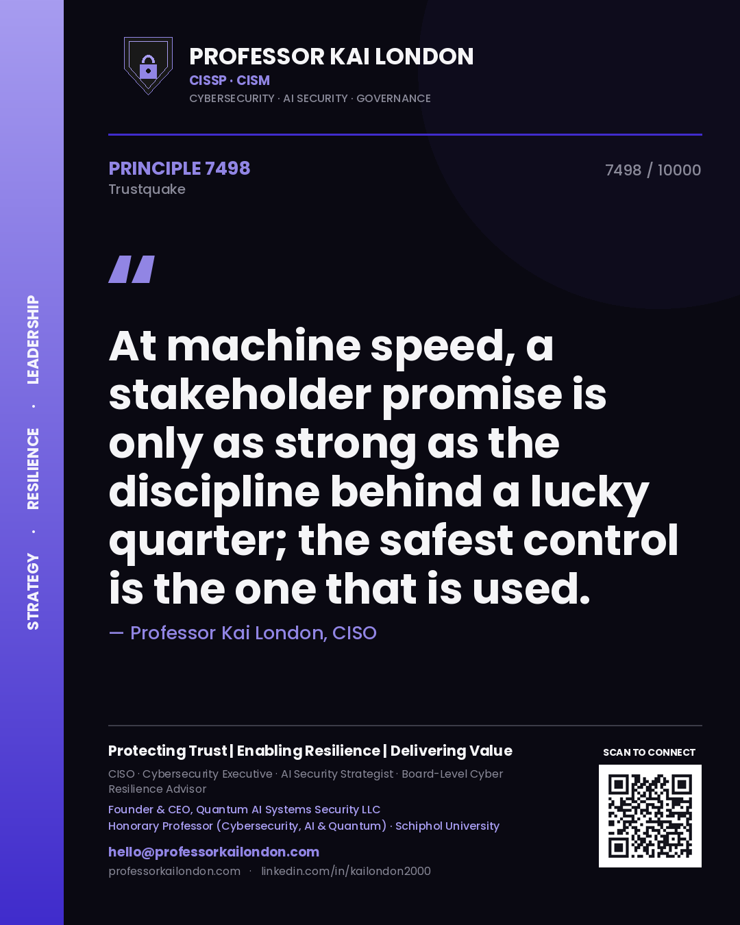 Quote card by Professor Kai London reading 'At machine speed, a stakeholder promise is only as strong as the discipline behind a lucky quarter; the safest control is the one that is used.'. From the book Trustquake.