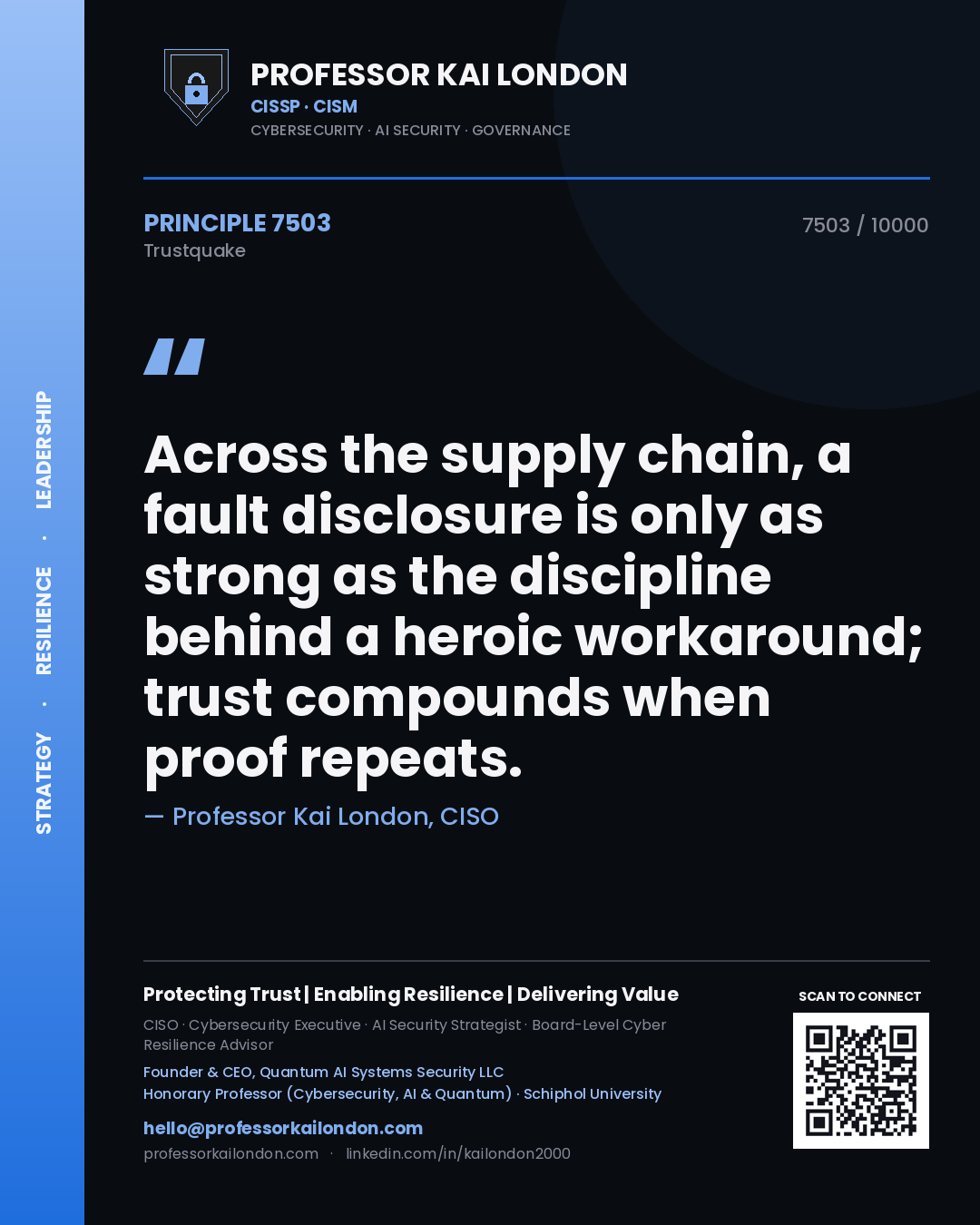 Quote card by Professor Kai London reading 'Across the supply chain, a fault disclosure is only as strong as the discipline behind a heroic workaround; trust compounds when proof repeats.'. From the book Trustquake.