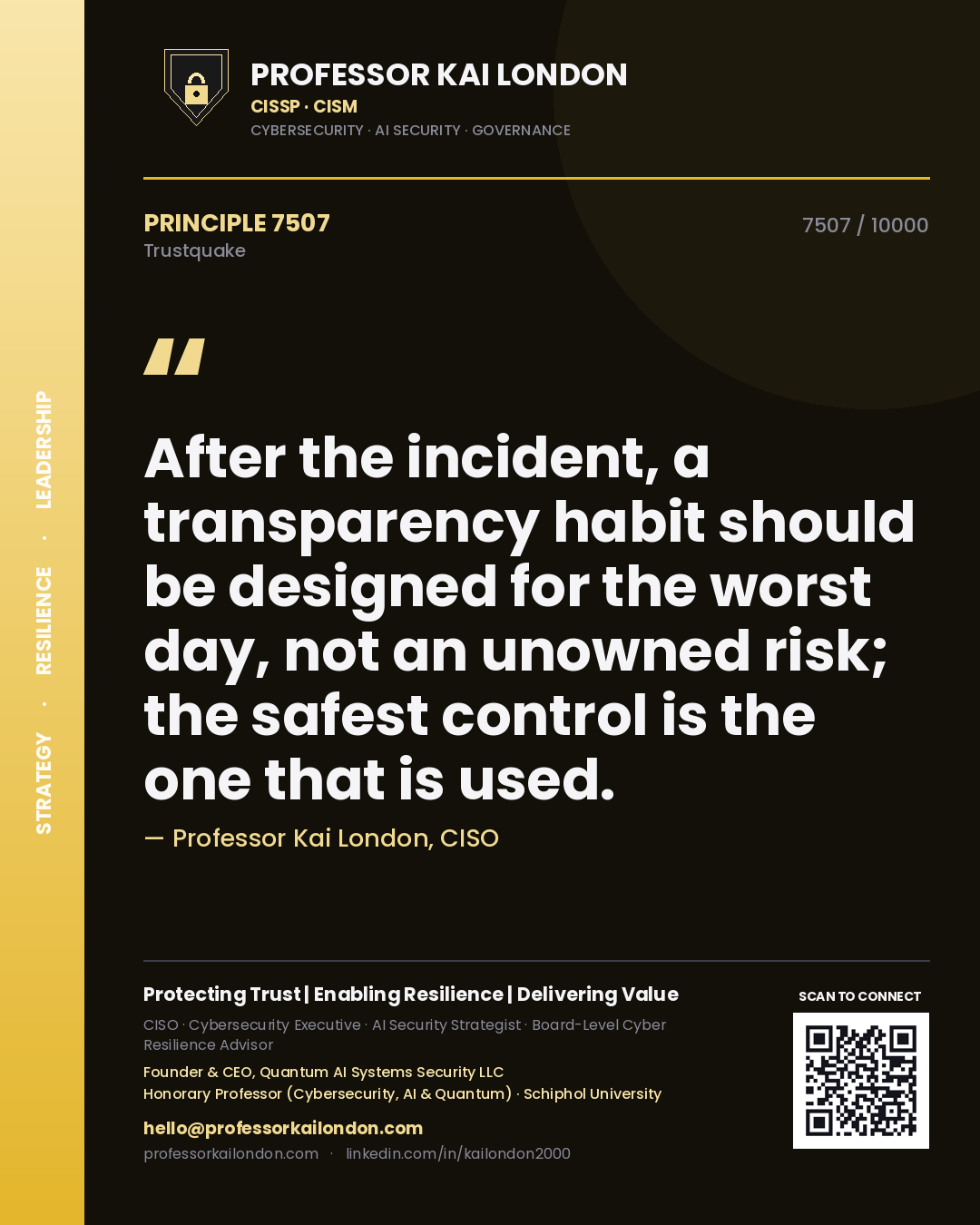 Professor Kai London principle 7507: After the incident, a transparency habit should be designed for the worst day, not an unowned risk; the safest control is the one that is used.