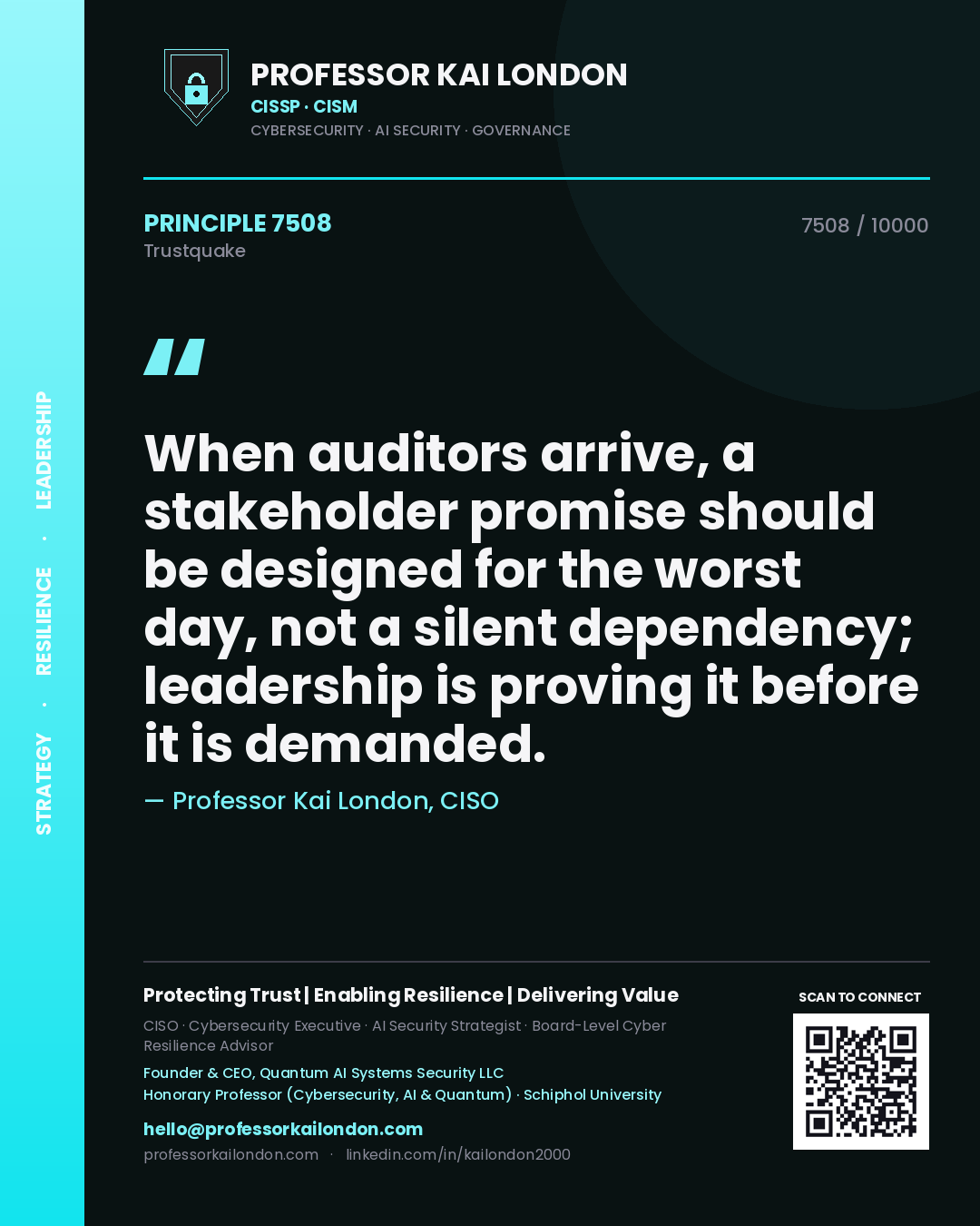 Professor Kai London principle 7508: When auditors arrive, a stakeholder promise should be designed for the worst day, not a silent dependency; leadership is proving it before it is demanded.