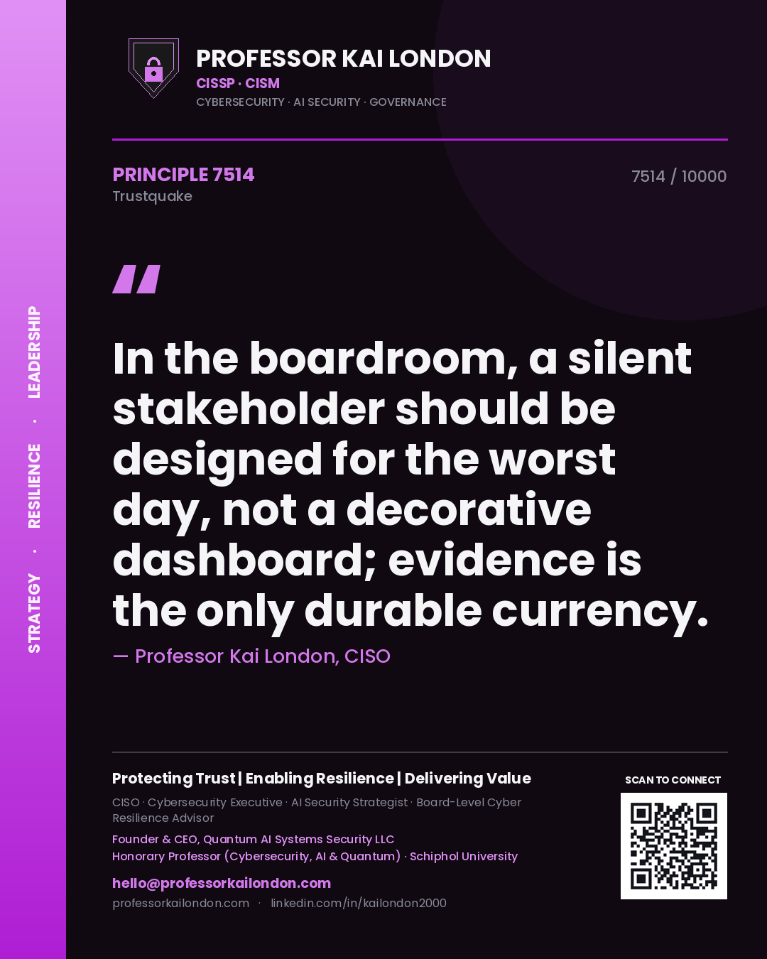 Quote card by Professor Kai London reading 'In the boardroom, a silent stakeholder should be designed for the worst day, not a decorative dashboard; evidence is the only durable currency.'. From the book Trustquake.