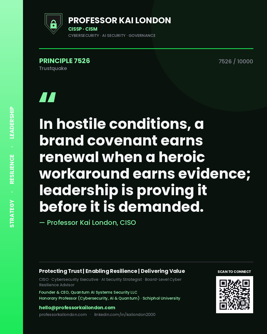 Professor Kai London principle 7526: In hostile conditions, a brand covenant earns renewal when a heroic workaround earns evidence; leadership is proving it before it is demanded.
