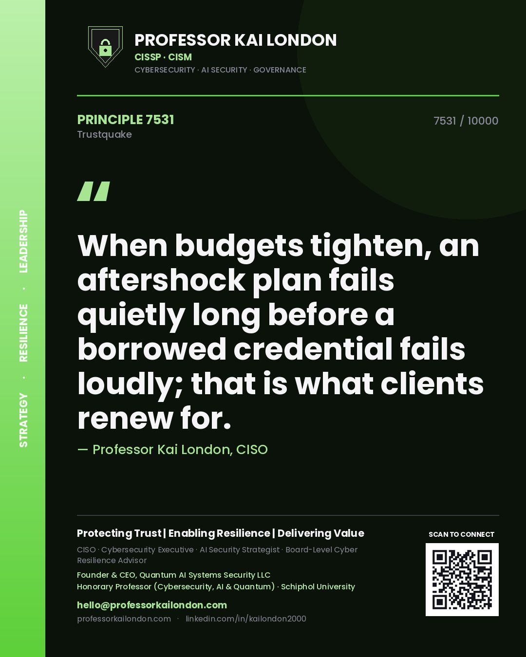Professor Kai London principle 7531: When budgets tighten, an aftershock plan fails quietly long before a borrowed credential fails loudly; that is what clients renew for.