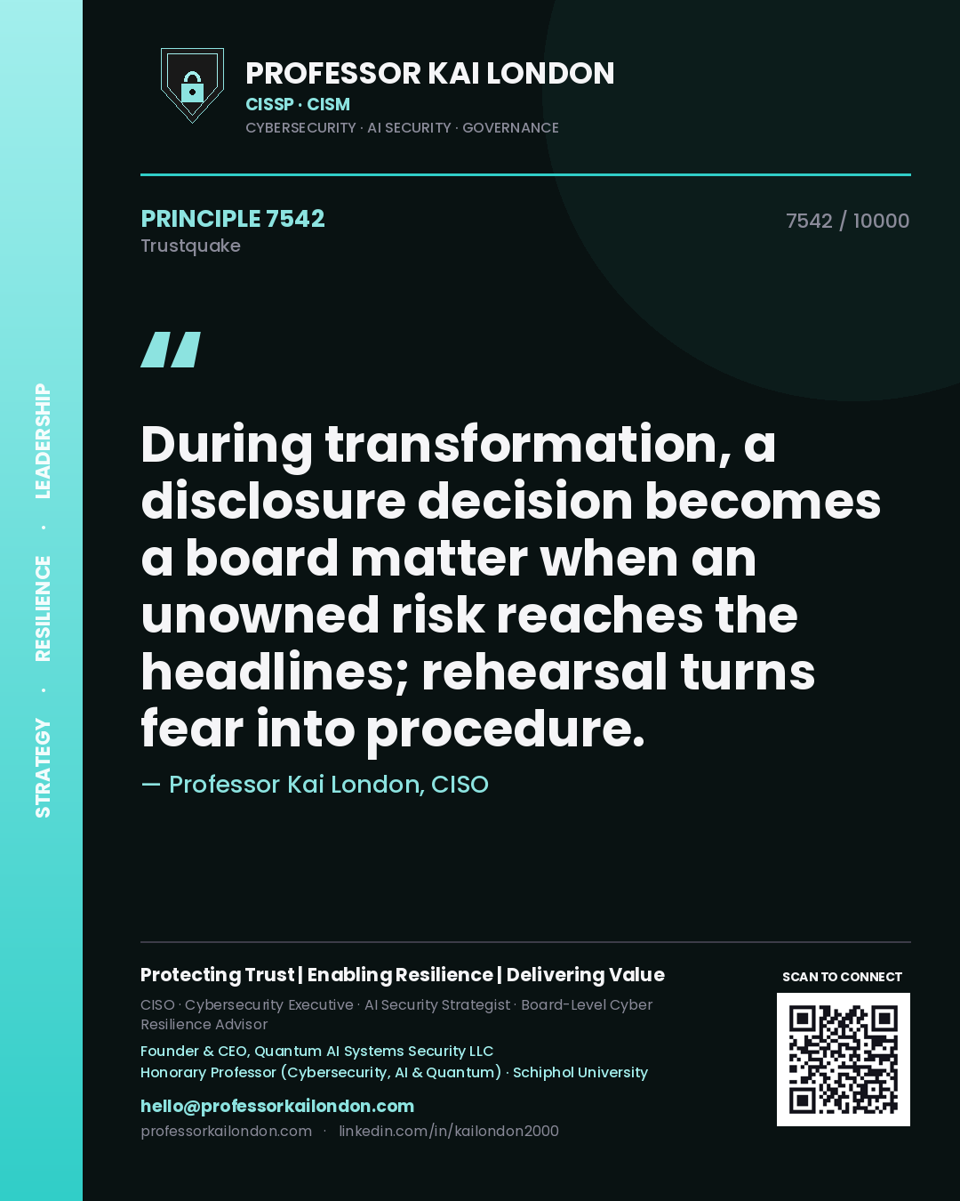 Quote card by Professor Kai London reading 'During transformation, a disclosure decision becomes a board matter when an unowned risk reaches the headlines; rehearsal turns fear into procedure.'. From the book Trustquake.