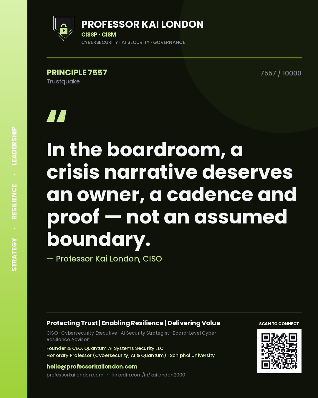 Professor Kai London principle 7557: In the boardroom, a crisis narrative deserves an owner, a cadence and proof — not an assumed boundary.