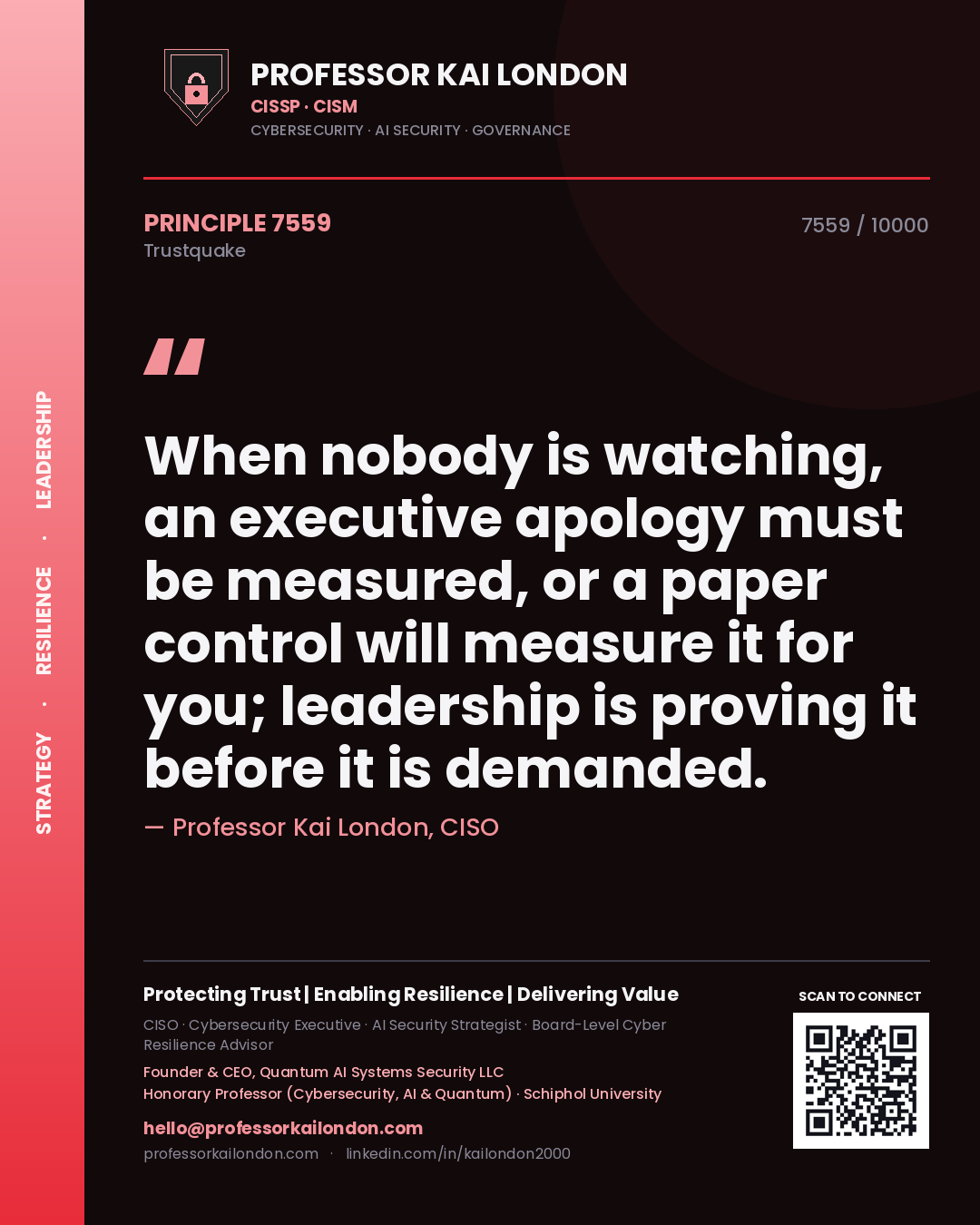 Professor Kai London principle 7559: When nobody is watching, an executive apology must be measured, or a paper control will measure it for you; leadership is proving it before it is demanded.
