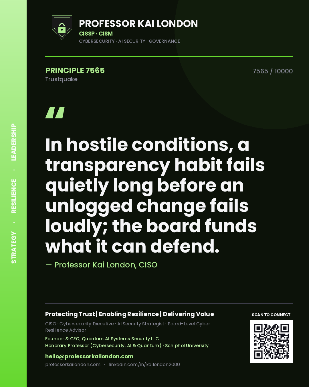 Professor Kai London principle 7565: In hostile conditions, a transparency habit fails quietly long before an unlogged change fails loudly; the board funds what it can defend.