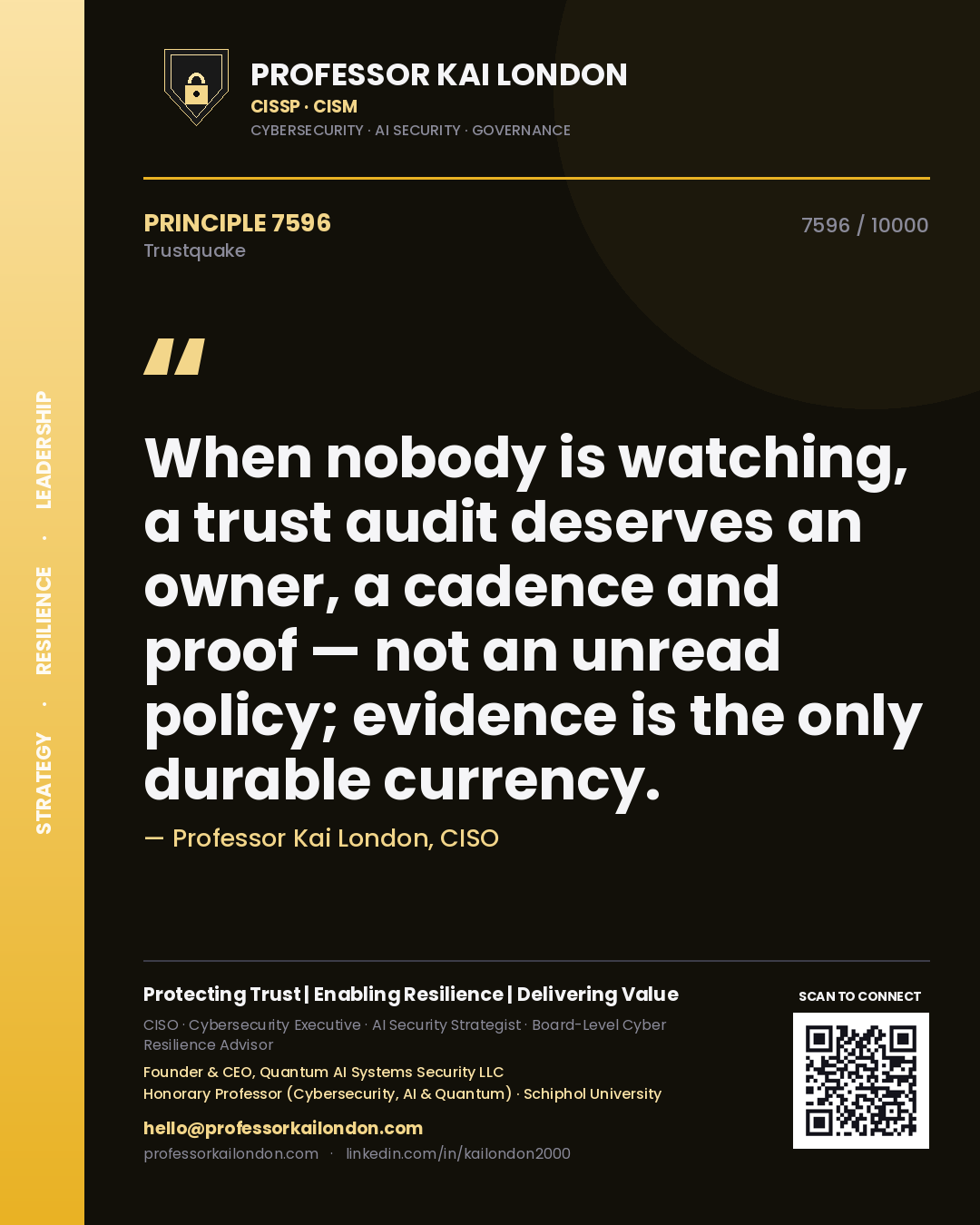 Professor Kai London principle 7596: When nobody is watching, a trust audit deserves an owner, a cadence and proof — not an unread policy; evidence is the only durable currency.
