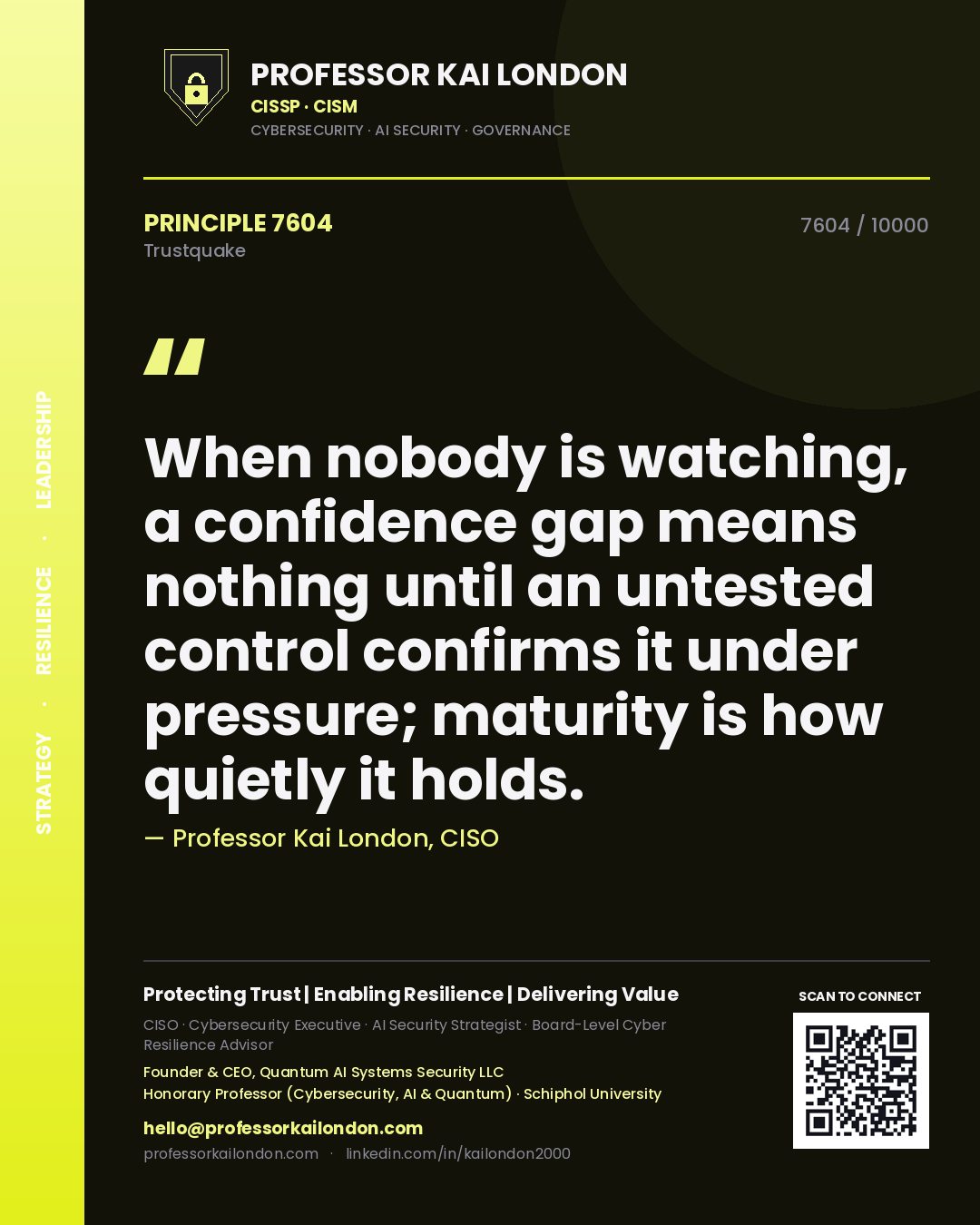 Quote card by Professor Kai London reading 'When nobody is watching, a confidence gap means nothing until an untested control confirms it under pressure; maturity is how quietly it holds.'. From the book Trustquake.